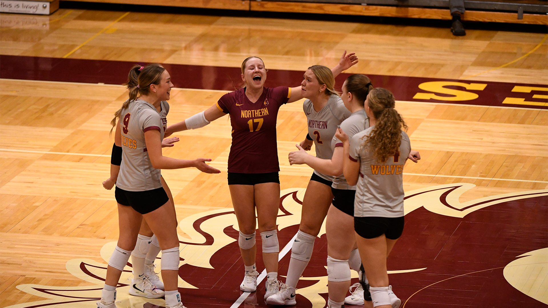 10.16 Volleyball Recap - On-court players celebrate a won point in the victory over No. 13 St. Cloud State