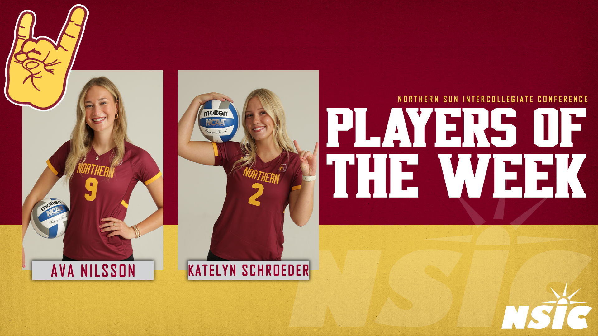10.19 NSIC Player of the Week Volleyball Winners - Studio pictures of Ava Nilsson and Katelyn Schroeder on a 