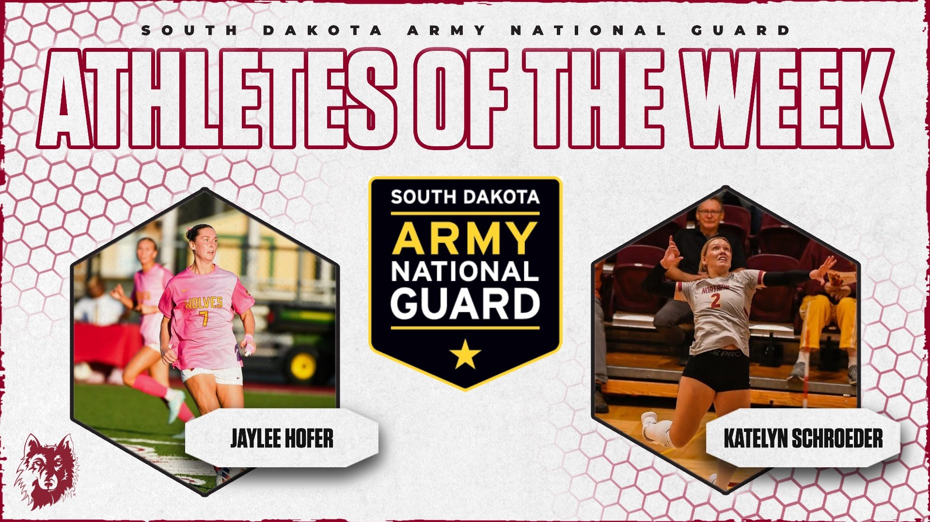 South Dakota Army National Guard Athletes of the Week graphic featuring Northern State soccer player Jaylee Hofer and volleyball player Katelyn Schroeder.