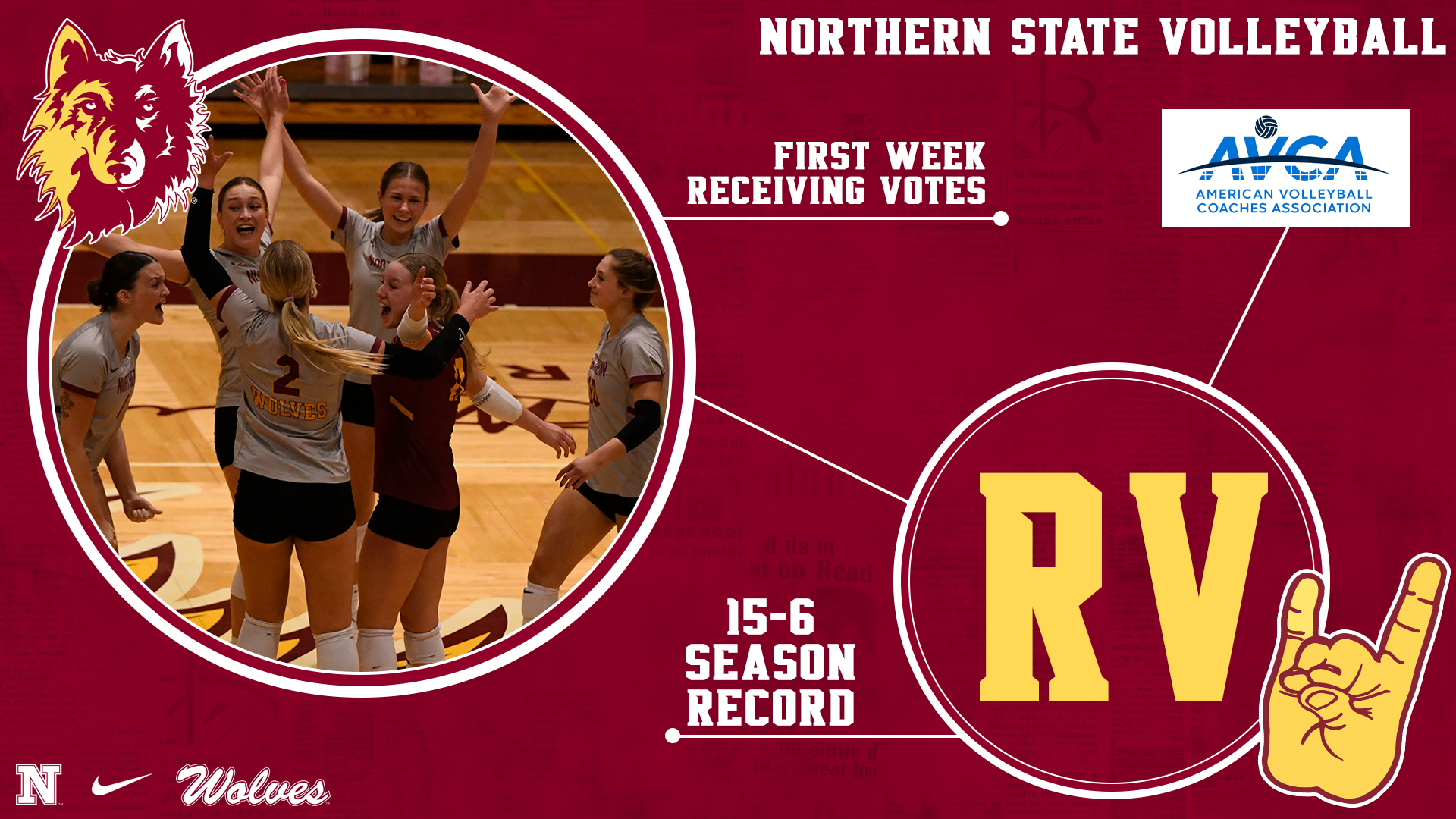A graphic showing that Northern State volleyball is receiving votes in the latest AVCA Top-25 poll. Notes of 