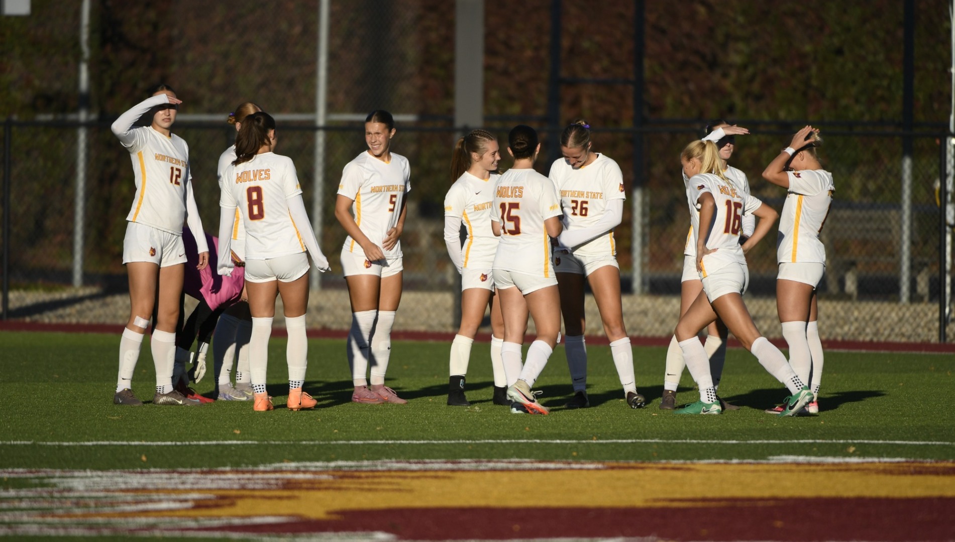 Northern State starting lineup getting ready for opening kickoff in their 2-1 victory over Augustana.