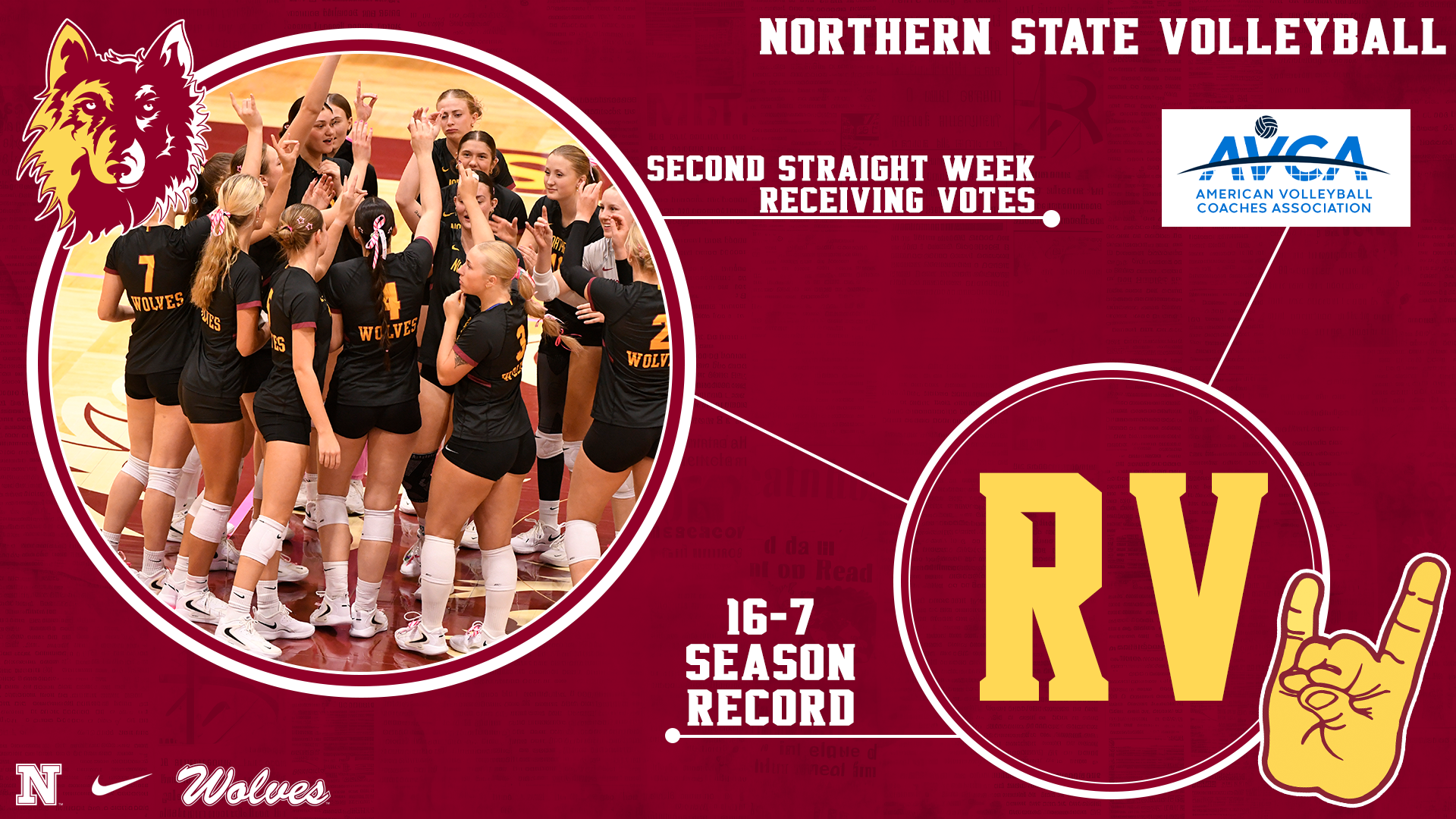 10.26 Volleyball Receiving Votes - A picture of the NSU volleyball team on a graphic noting their 16-7 record, the AVCA logo, and that they are receiving votes in the national poll for the second straight week