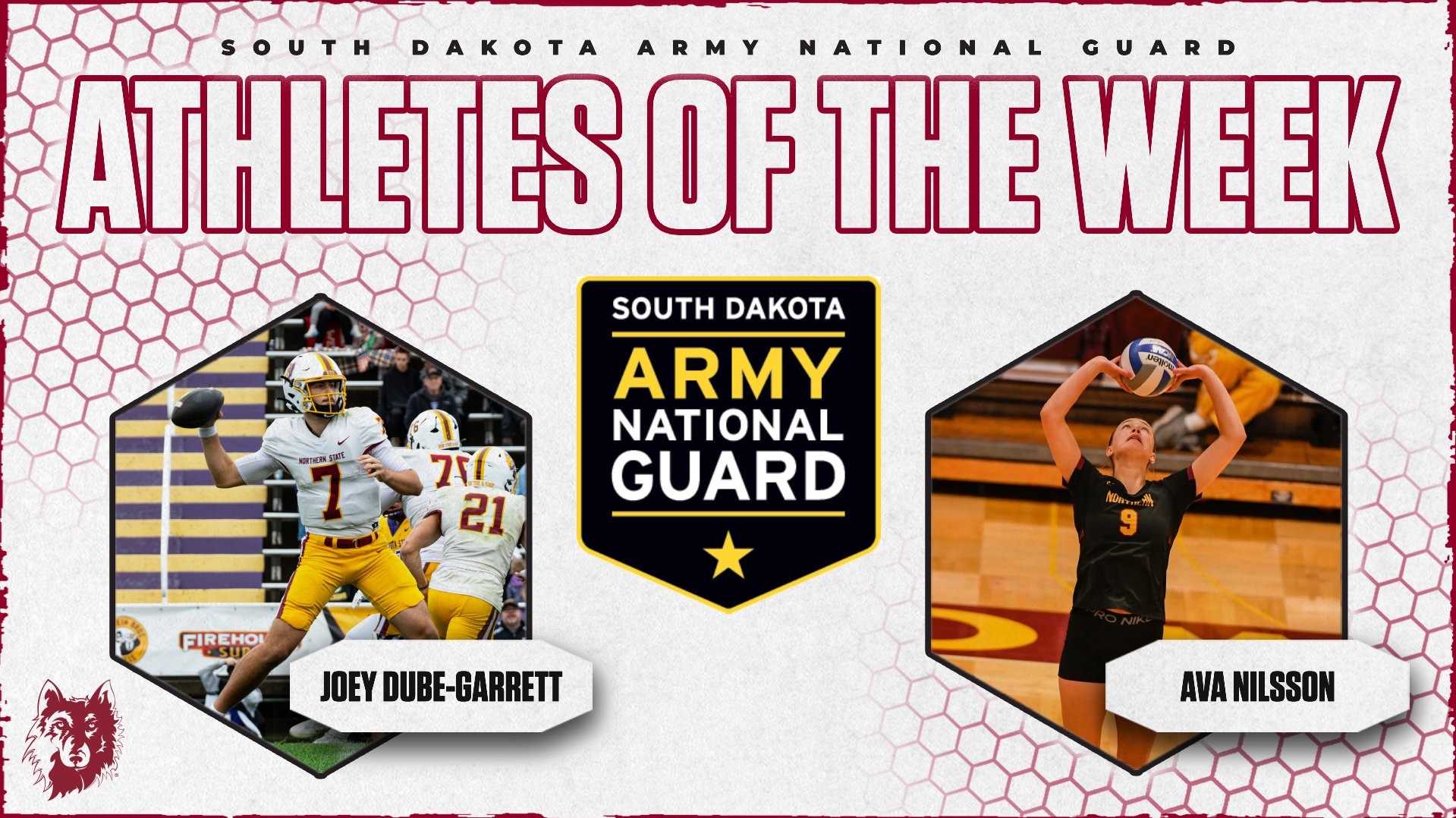 South Dakota Army National Guard Athletes of the Week graphic featuring Northern State football player Joey Dube-Garrett and volleyball player Ava Nilsson.