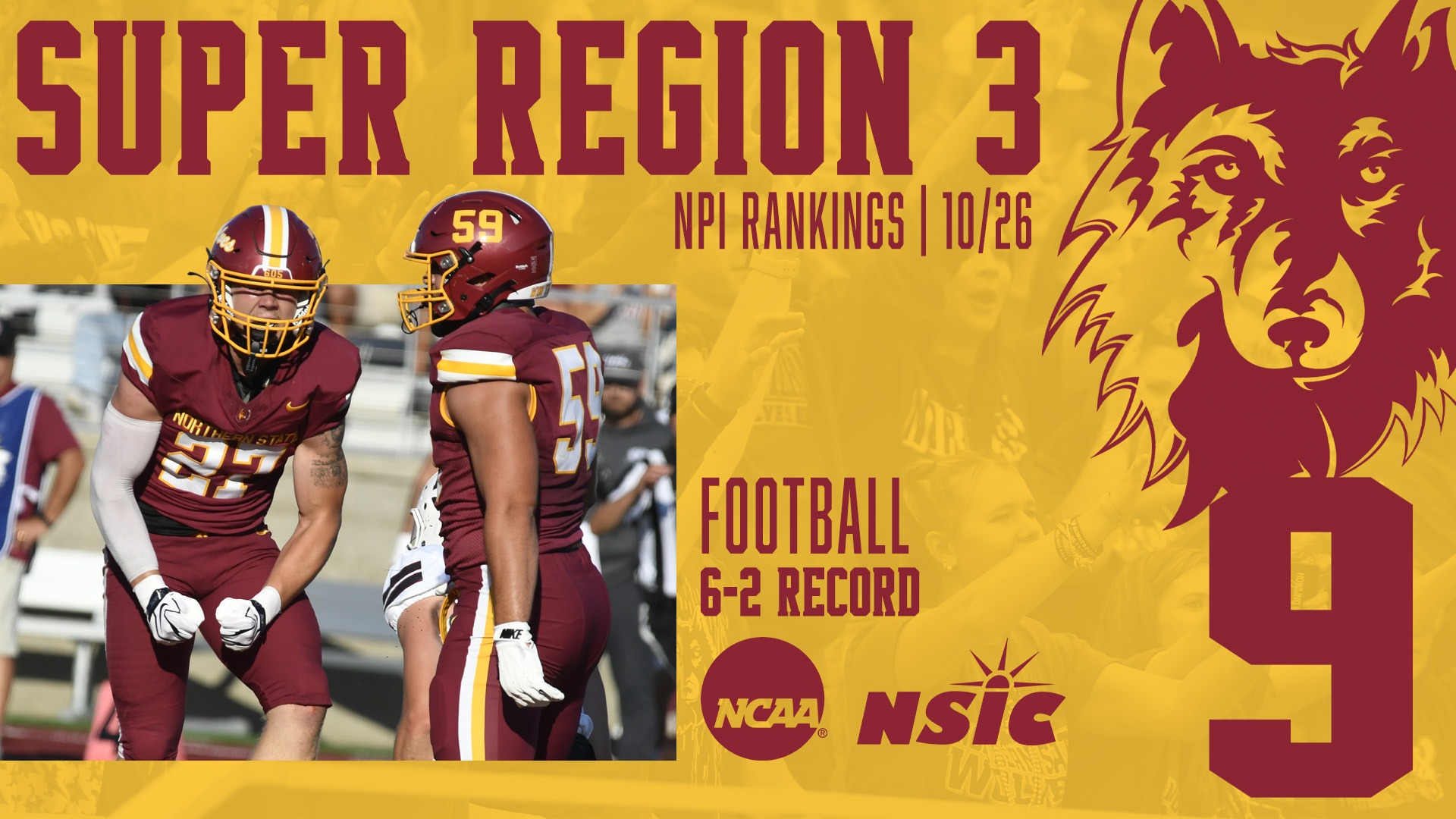 Northern State football is ranked No. 9 in Super Region Three of the NCAA Division II NPI rankings on Oct. 26 with a 6-2 record.