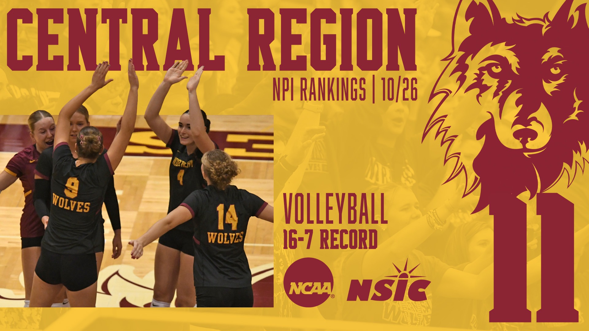 Northern State volleyball is ranked No. 11 in the NCAA Central Region NPI rankings on Oct. 26 with a 16-7 record.