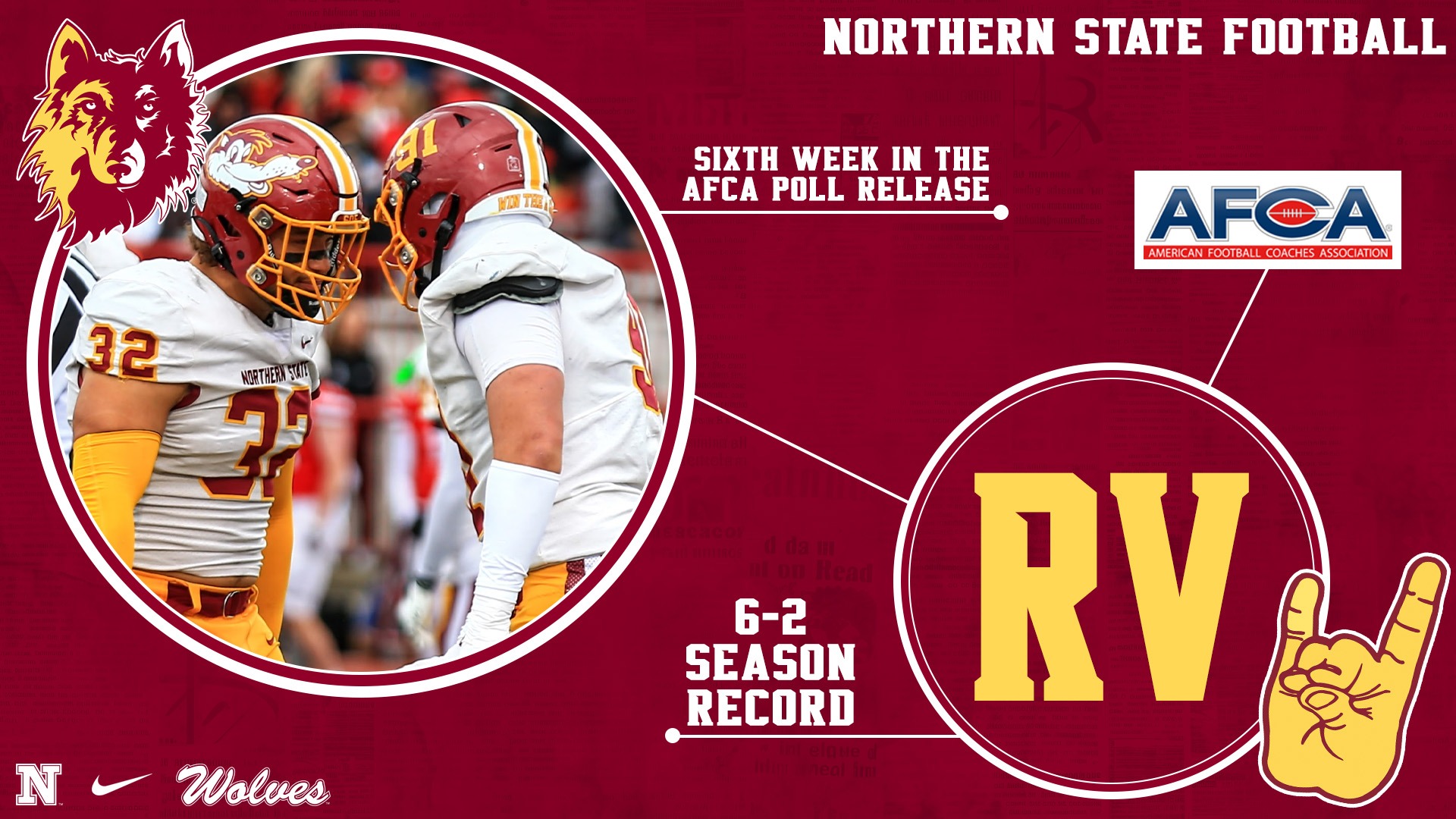 Northern State football, 6-2 on the season, is receiving votes in the AFCA poll for the sixth week.