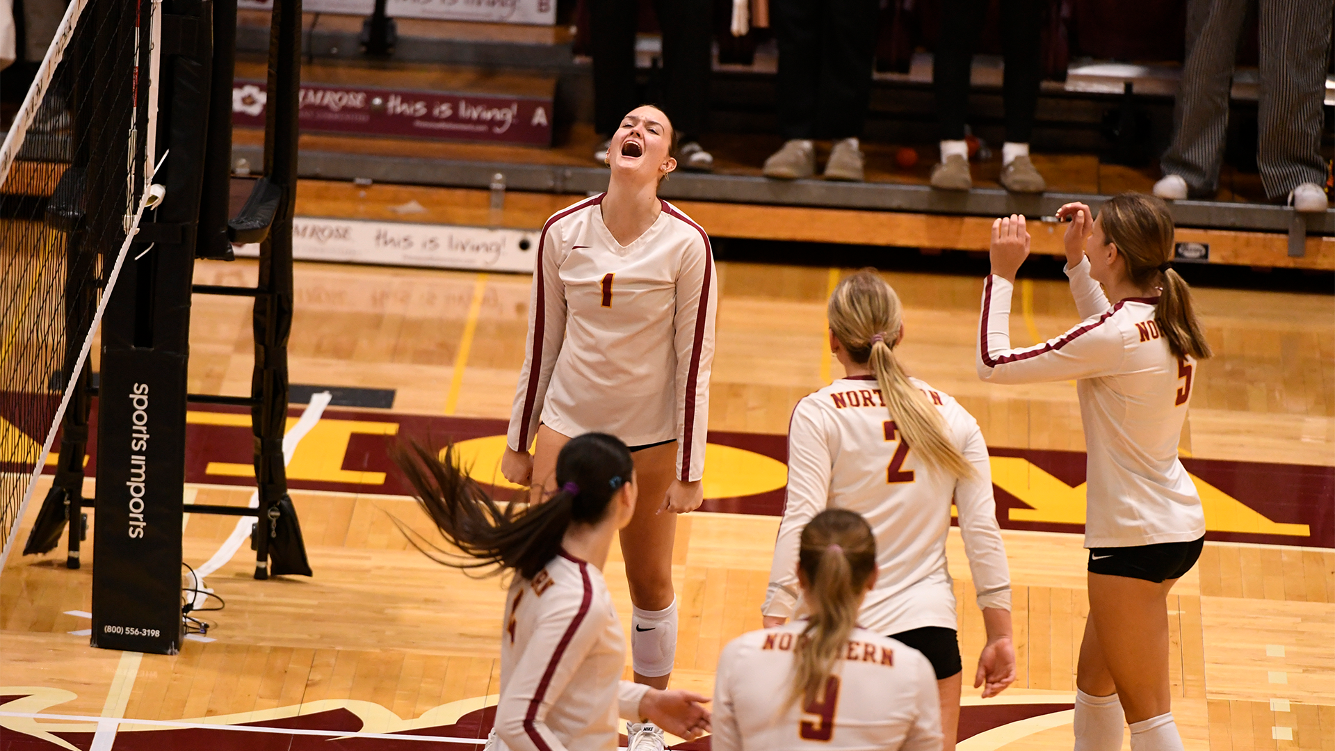 10.30 Volleyball Recap - Victoria Persha lets out a yell after ending the match against Bemidji with a kill