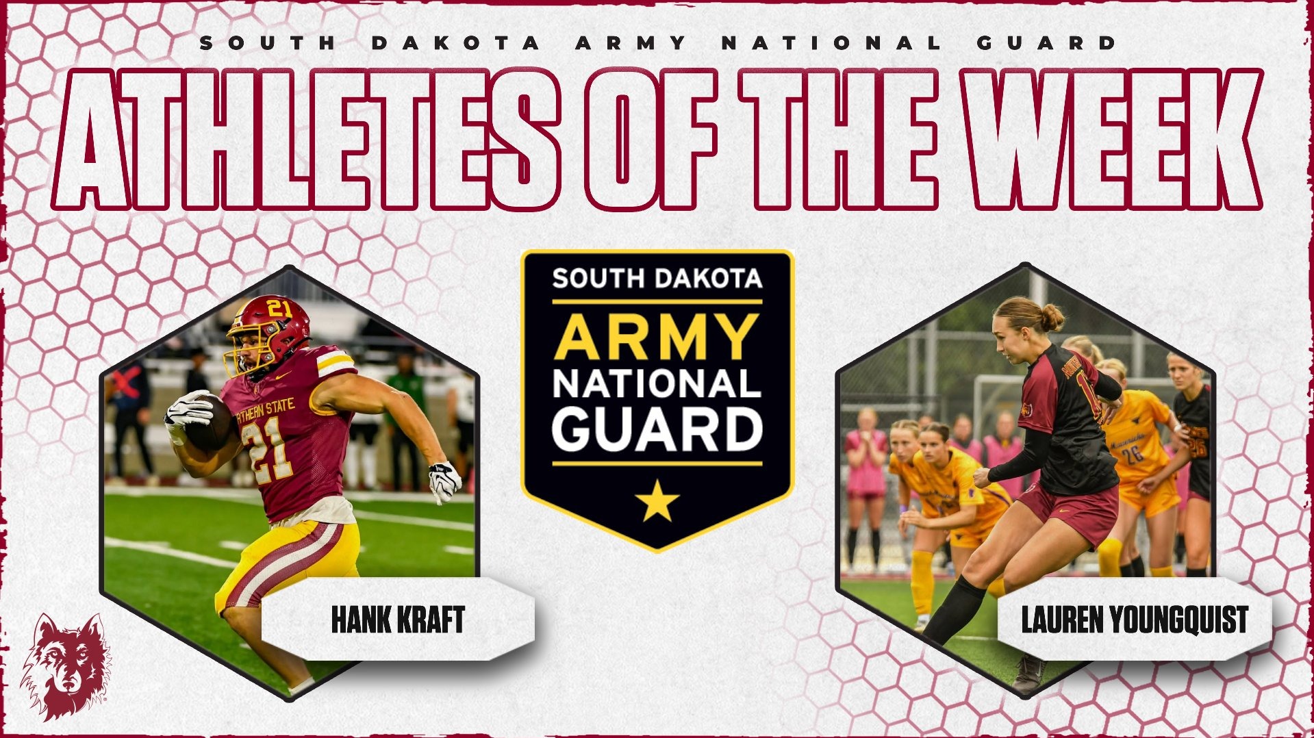 South Dakota Army National Guard Athletes of the Week graphic featuring Northern State football player Hank Kraft and soccer player Lauren Youngquist.