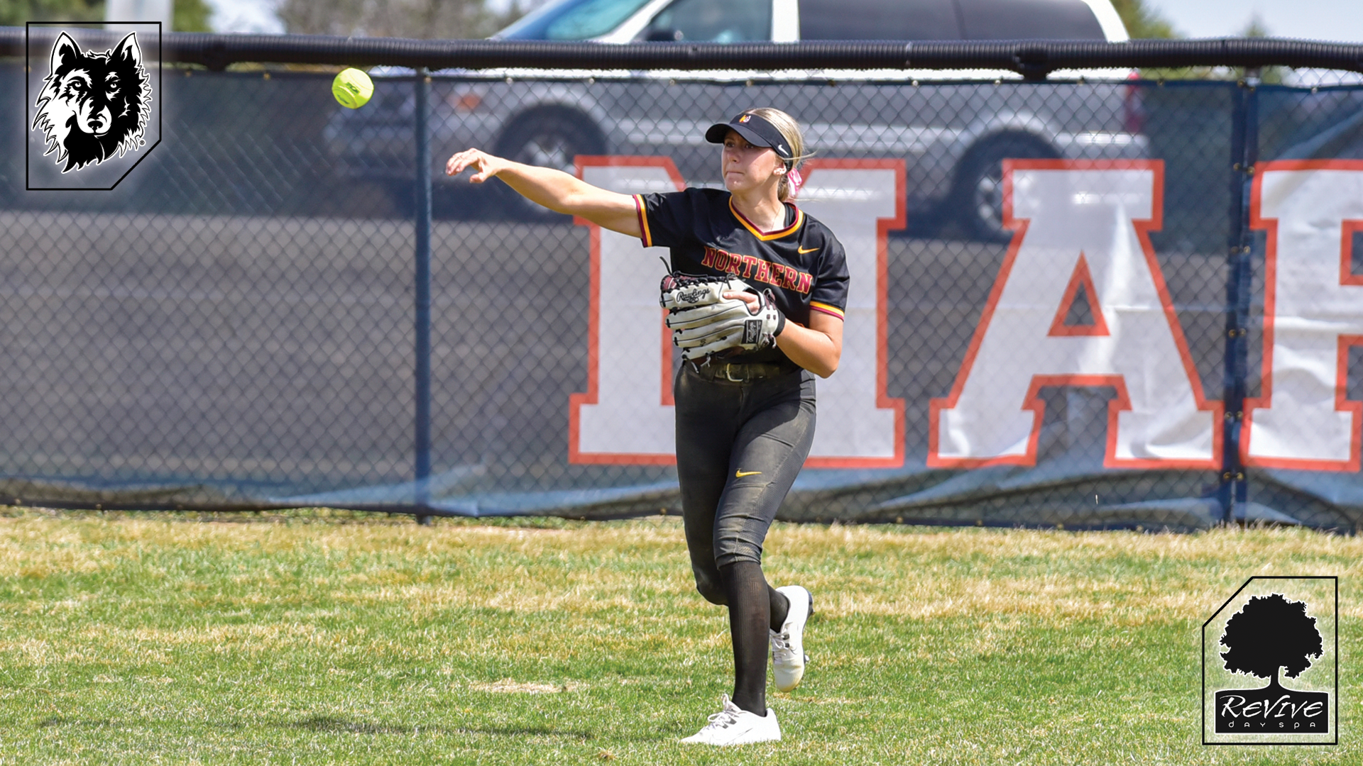 Hailey Cota throwing the ball back to the infield in Northern State's victory over the Marauders.