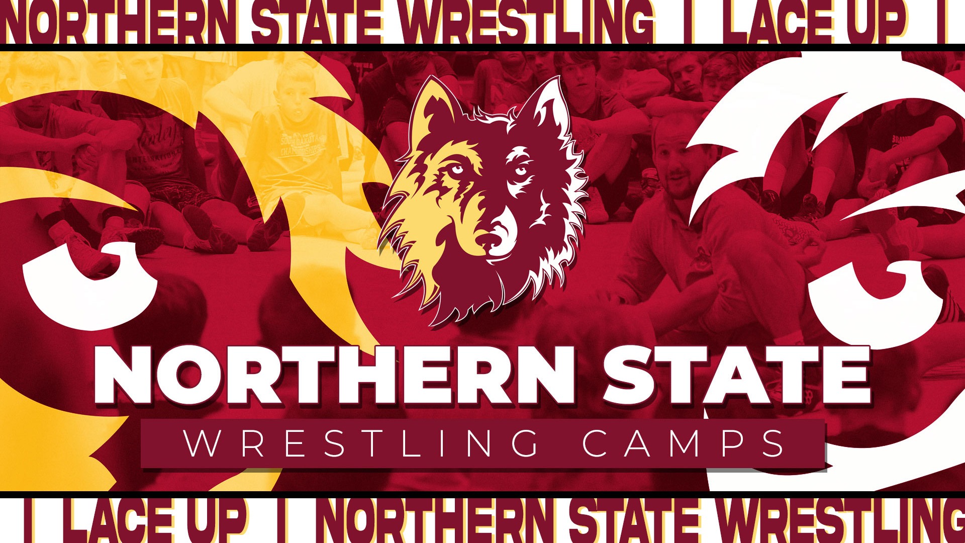 Graphic for the Northern State Wrestling Camps which includes an overlayed image of a past camp, as well as the Northern State wolf logo and the text Northern State Wrestling and Lace Up