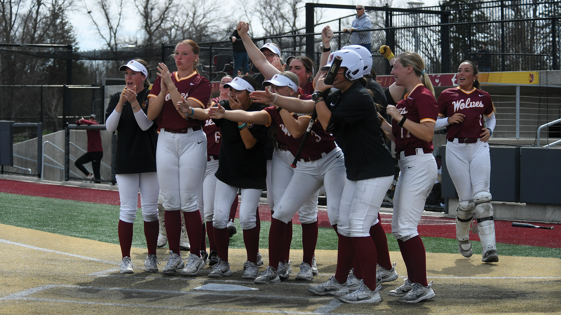The Wolves bench clears as the team waits at home for Aune Boben to round the bases after her home run against Minnesota Morris.