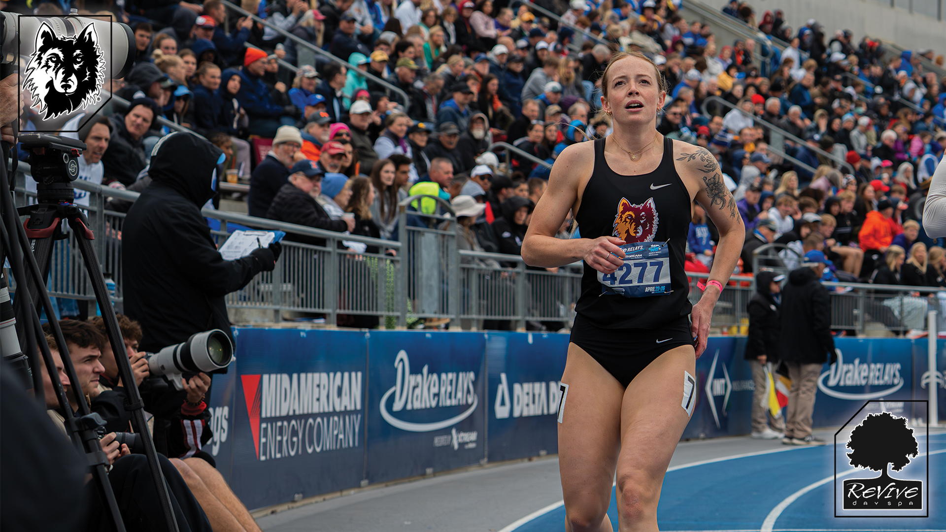 Renea Taylor slows down as she finishes her event at the Drake Relays