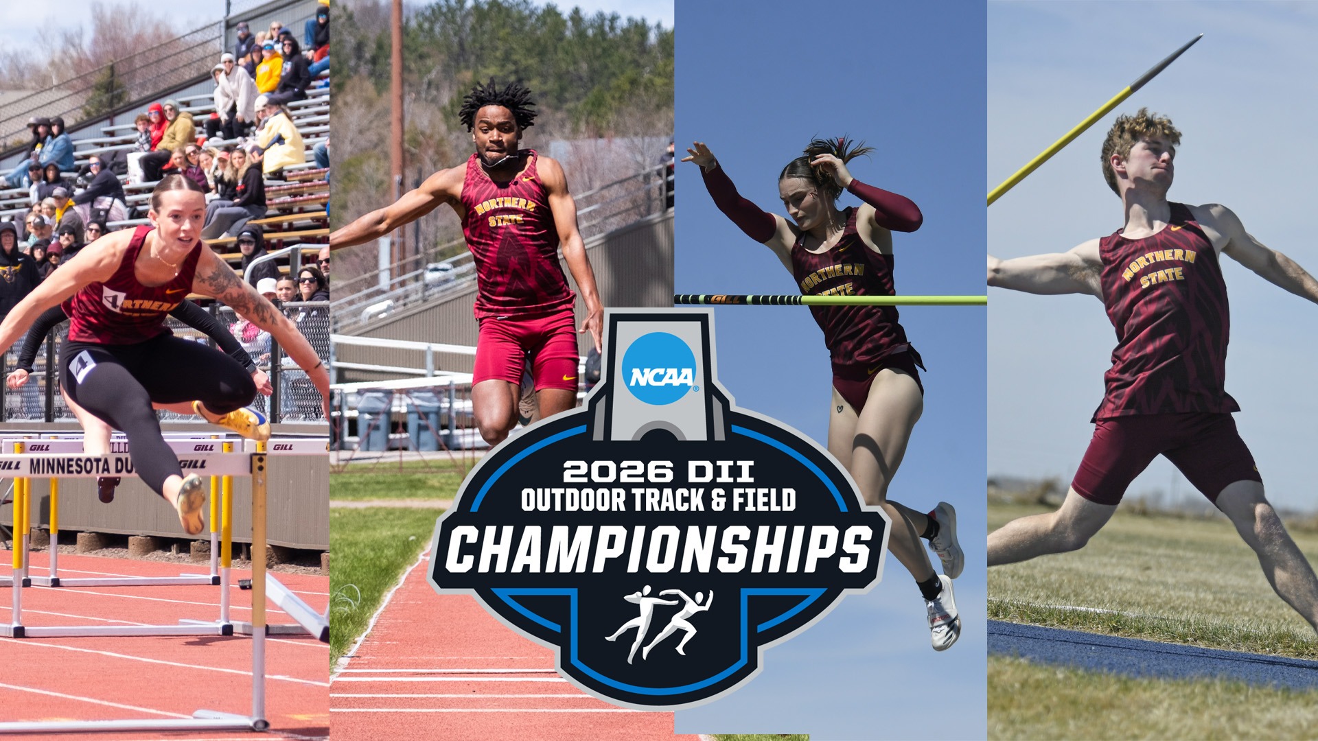 Photos of Renea Taylor hurdling, Jayden Munroe jump, Romane Maugest in the pole vault, and Levi Reis with a javelin and the NCAA track championships logo. 