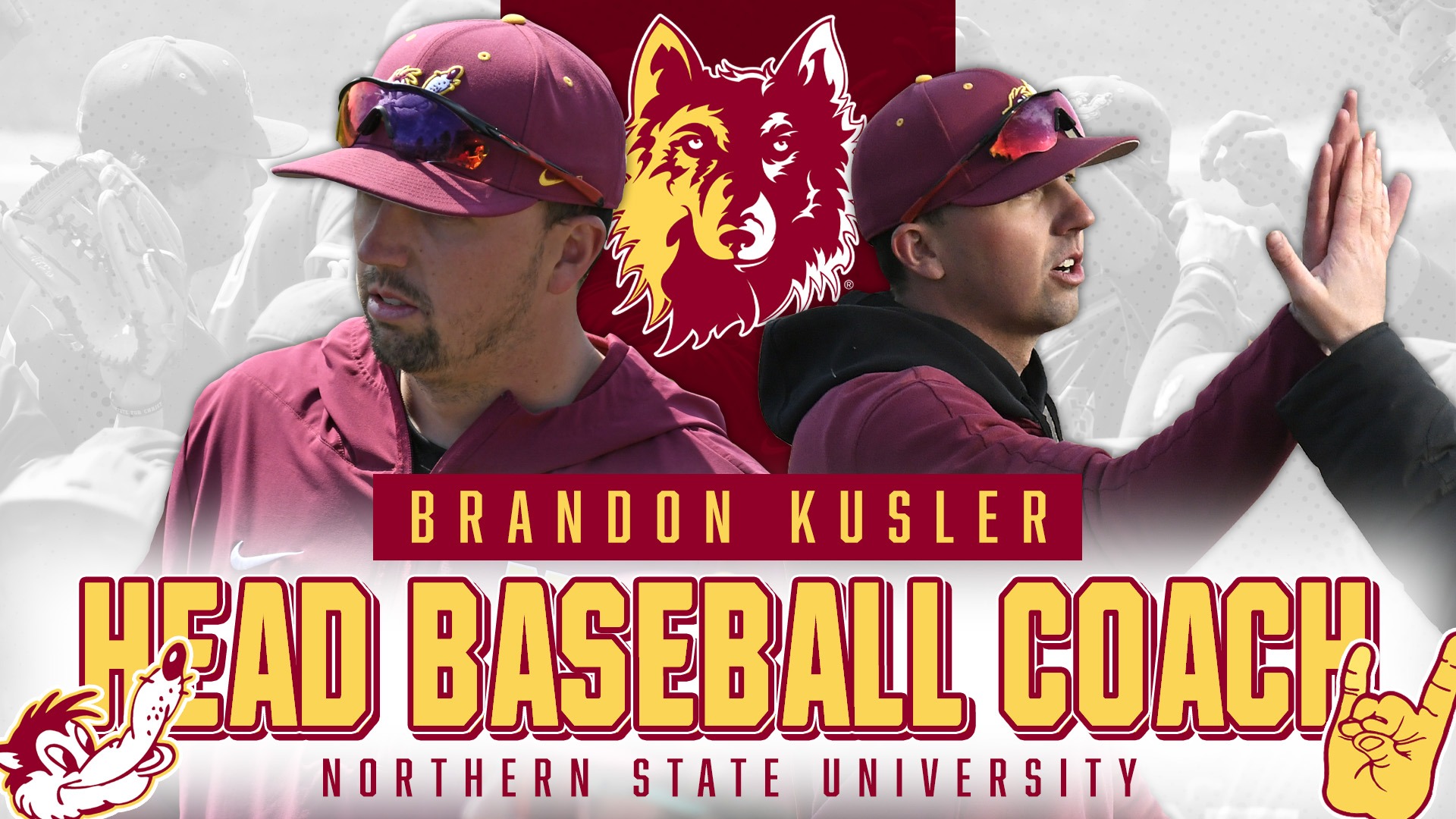 Graphic for Brandon Kusler being named the head baseball coach, which includes images of Brandon, as well as the Head Baseball Coach text and Northern State logos. 