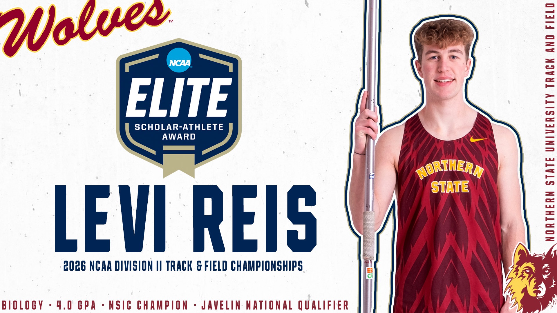 Graphic depicting Levi Reis as the NCAA's Elite Scholar Athlete for the 2026 Outdoor Track and Field Championships with the award logo, NSU logos, and a picture of Levi holding a javelin. 