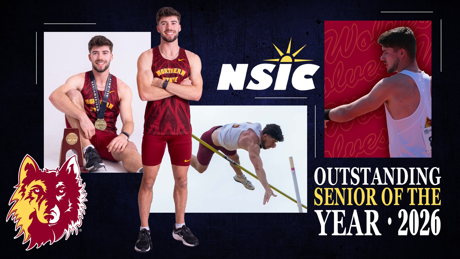 Graphic depicting Sam Tremelling winning the 2026 NSIC Outstanding Senior of the Year with the Northern State and NSIC logos, as well as images of Sam pole vaulting and with his awards. 