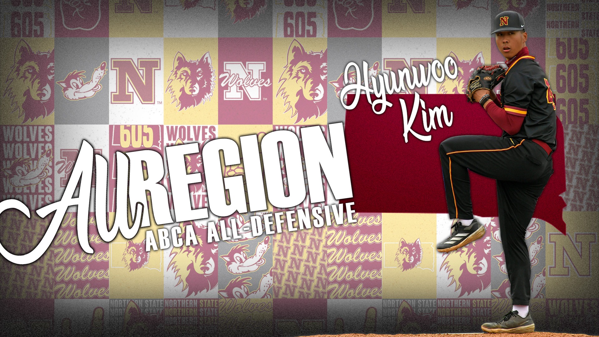 All-Region graphic for Hyunwoo Kim on the ABCA All-Defensive team featuring an image of him pitching in a black uniform. 