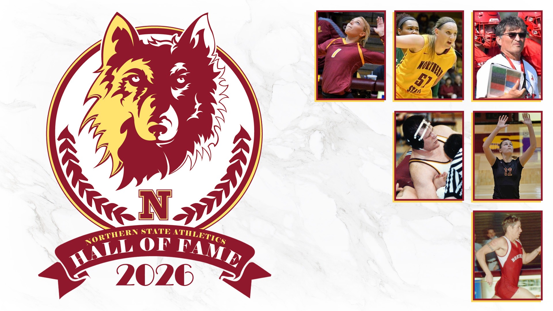 Graphic with the NSU Hall of Fame logo and action pictures for all six inductees.