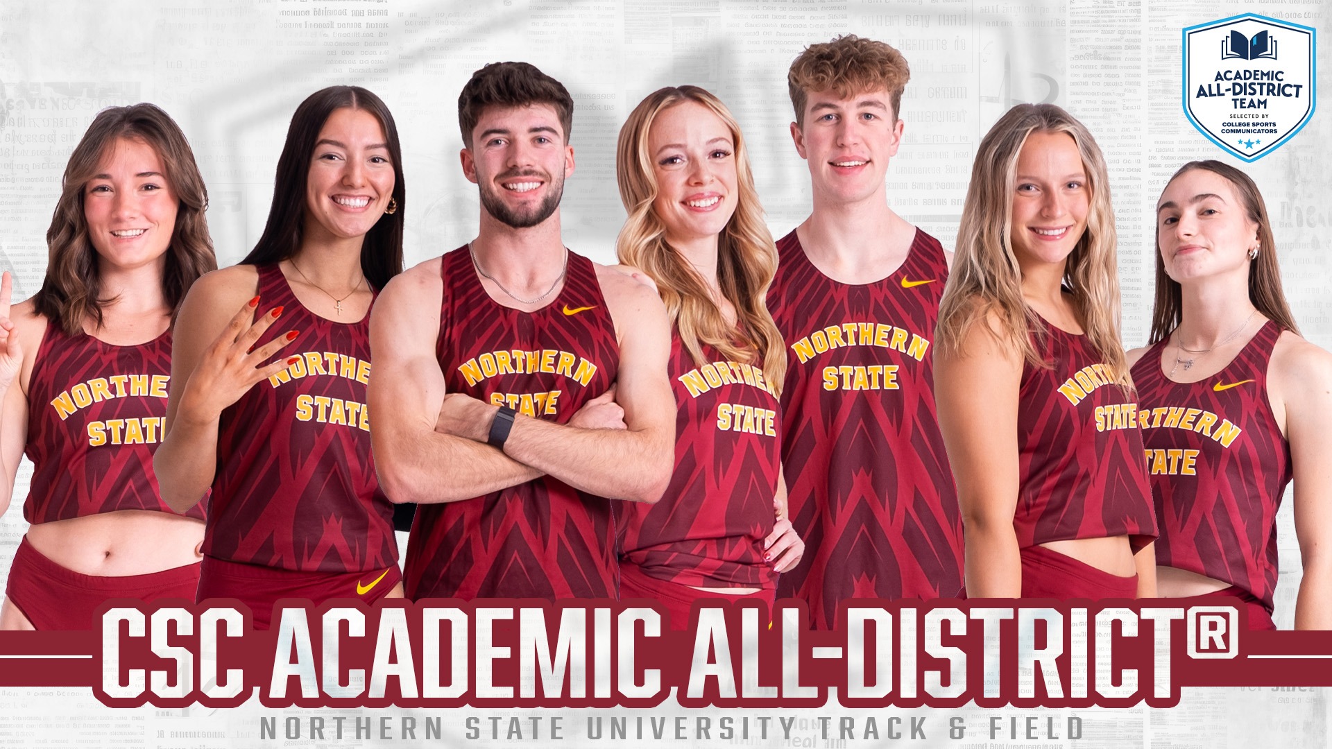 Graphic for the CSC Academic All-District nominees for track and field with the logo and images on Bekah Walz, Morgan Sheldon, Sam Tremelling, Renea Taylor, Levi Reis, Tayla Dobrenski, and Romane Maugest