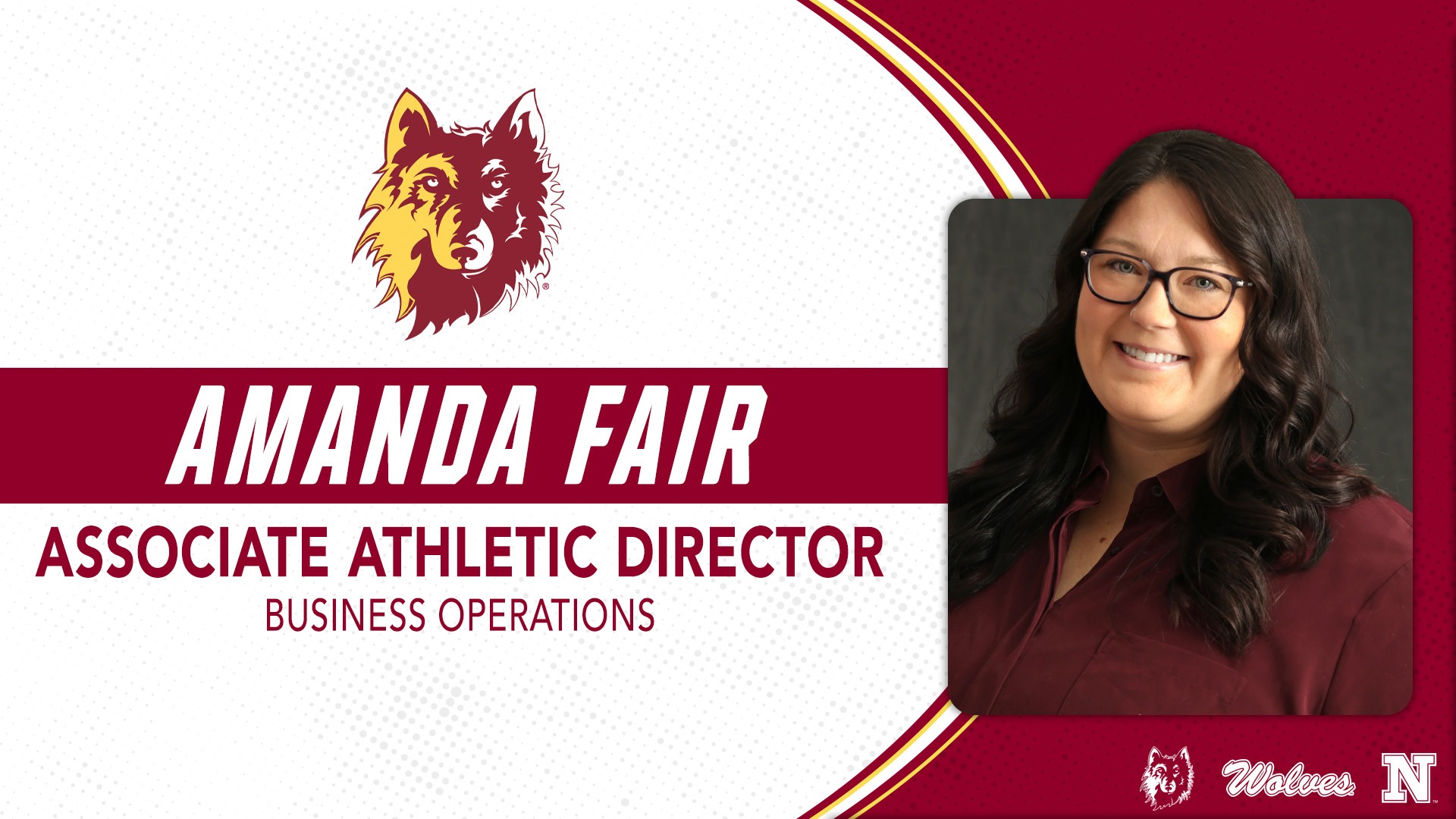 Amanda Fair headshot included in a graphic with the NSU logos stating her new title of Associate Athletic Director, Business Operations