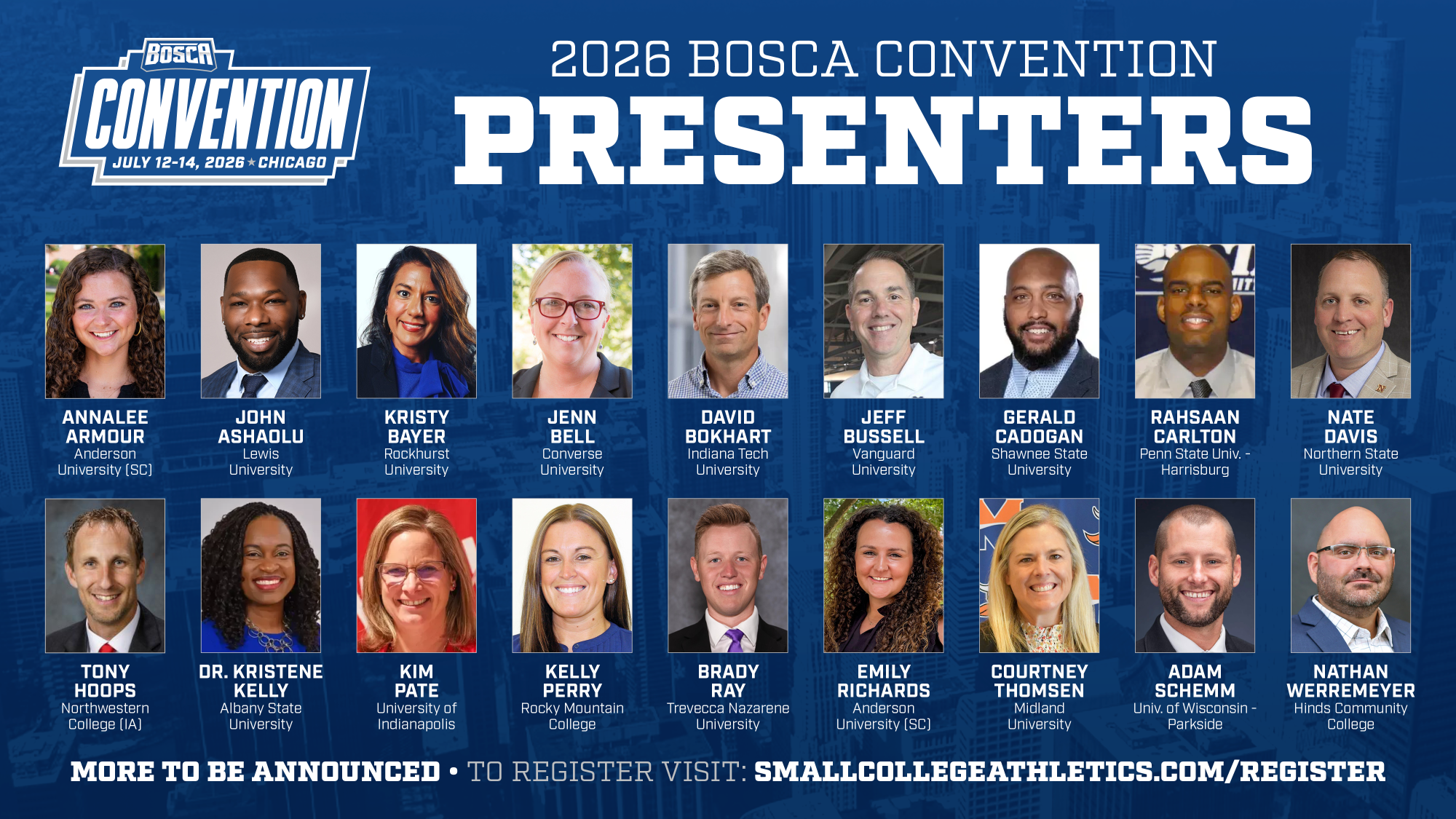 Graphic with the headshots of the presenters at the 2026 Bosca Convention featuring NSU AD Nate Davis