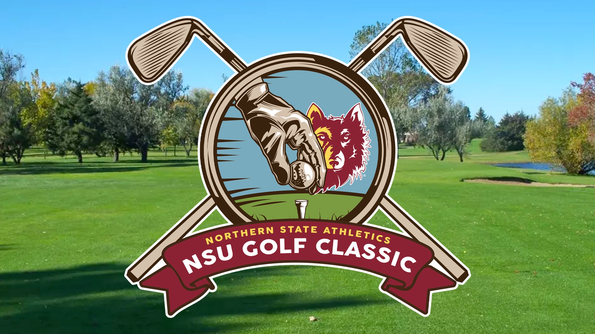 Image of a Lee Park Golf Course green with the NSU Golf Classic logo layered over the top. The logo includes a hand placing a ball on a tee, irons, and the NSU Wolf logo. 