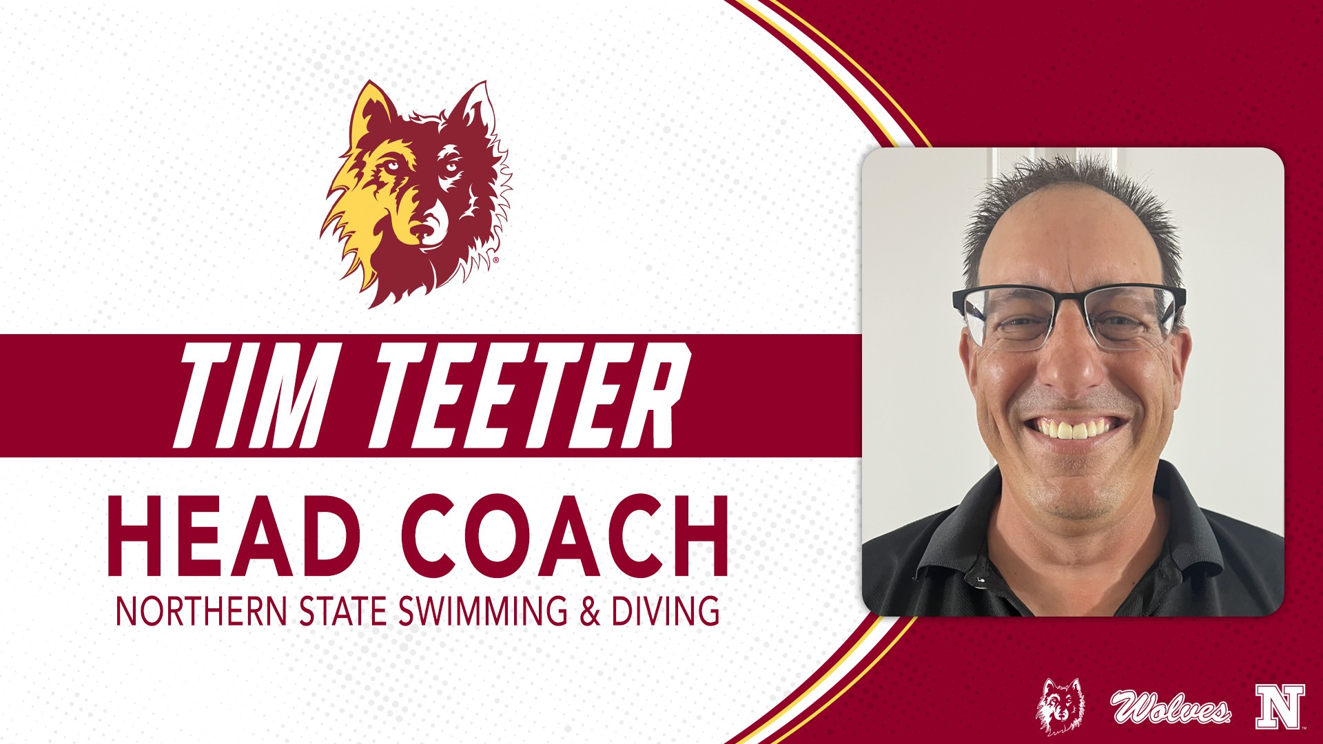 Graphic for Tim Teeter being named the head coach of Northern State swim and dive with a headshot of Tim as well as the NSU logos. 