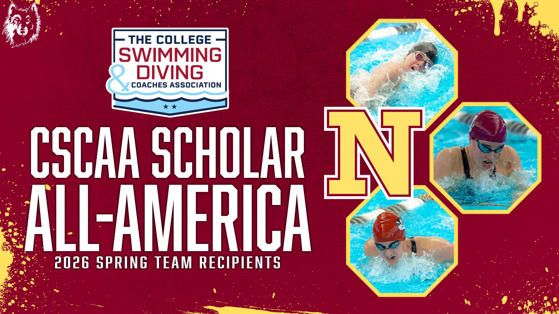 Graphic for the CSCAA Scholar All-America award including the CSCAA logo, NSU logos, and images of Northern State swimmers on a maroon background. 