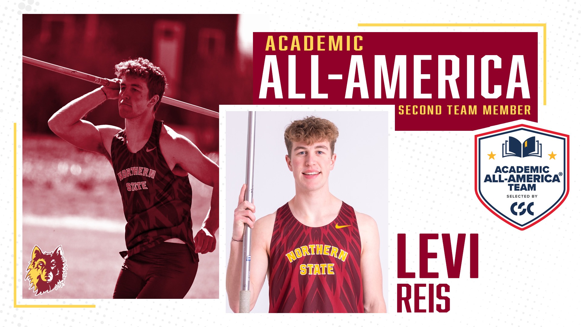 Graphic depicting Levi Reis as a CSC Academic All-American with the program logo, as well as a photo with Reis holding a javelin and one of him throwing a javelin.