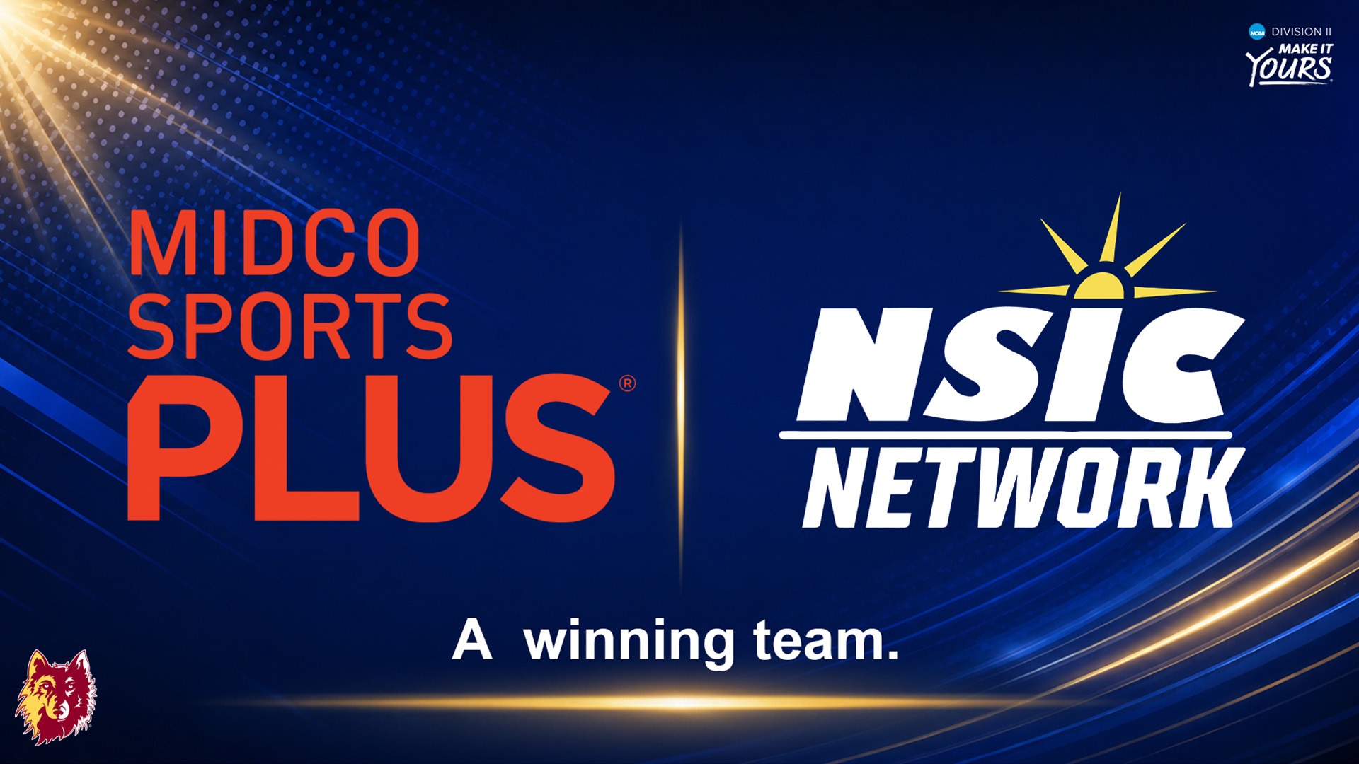 Blue and gold background with the NSIC and Midco Sports Plus logos layered center and the NCAA and Northern logos layered in the corners