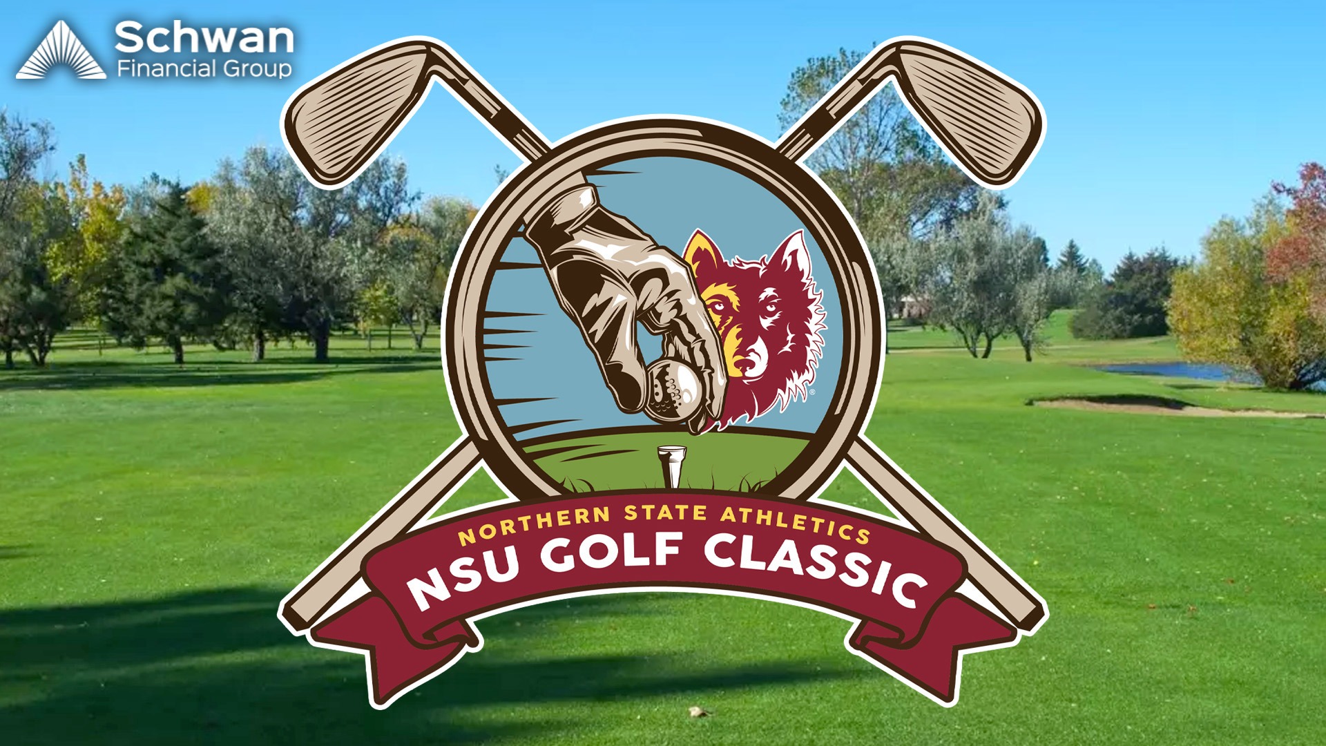 NSU Golf Classic logo and Schwan Financial logo layered on top of an image of Lee Park Golf Course