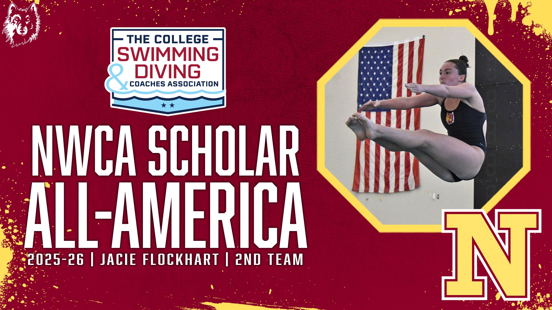 Graphic with an image of Jacie Flockhart diving, noting that she is a CSCAA Scholar All-America second team member