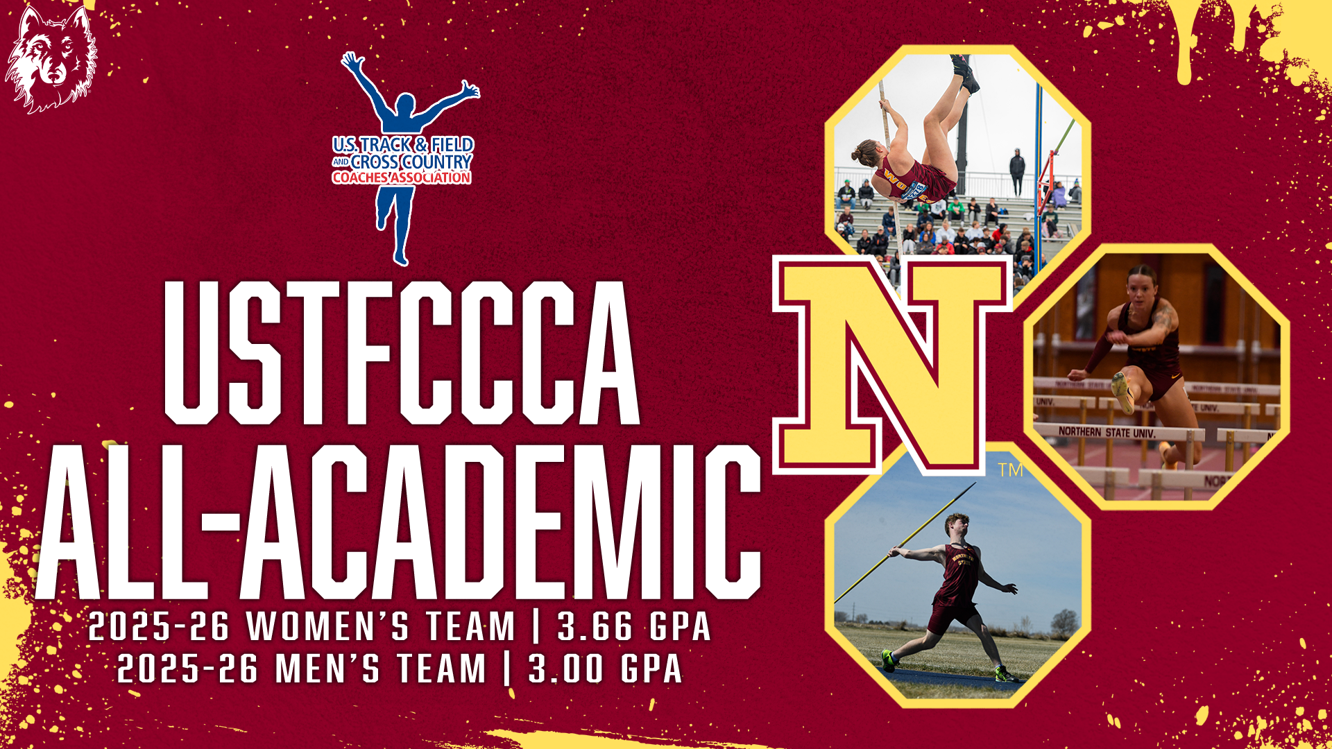 A USTFCCCA All-Academic announcement depicting three photos of NSU T&F student-athletes in competition on the right and GAP standings for both teams on the left.