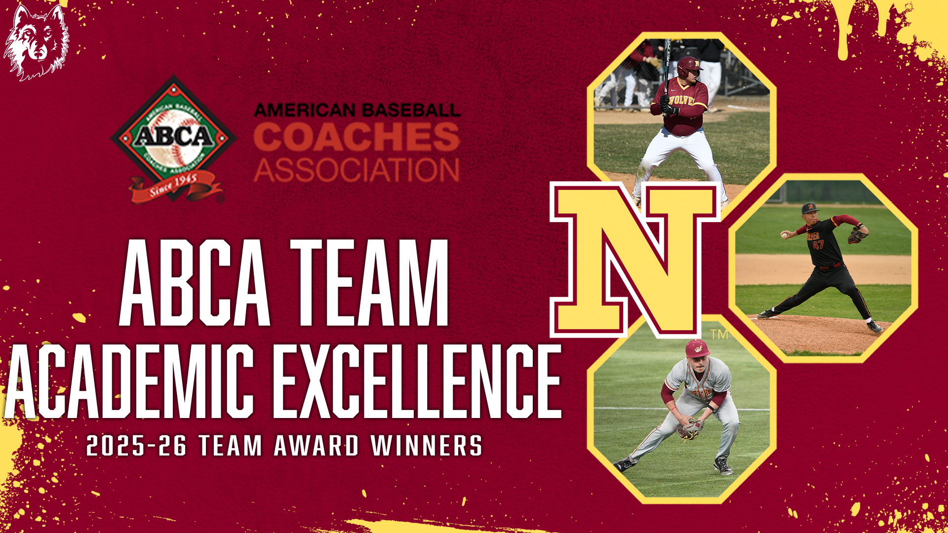 2025-26 ABCA Team Academic Excellence Award Winners for the NSU Baseball team. Three action photos on the right side with description of award title on the left.
