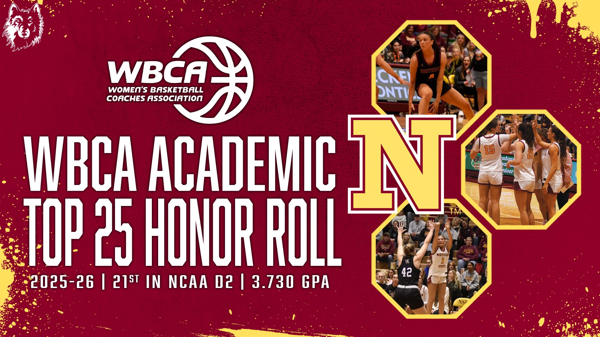 Graphic for the women's basketball team as a member of the WBCA Top-25 Academic Honor Roll with three images of the team huddle, a player dribbling, and a player shooting, as well as the NSU and WBCA logos