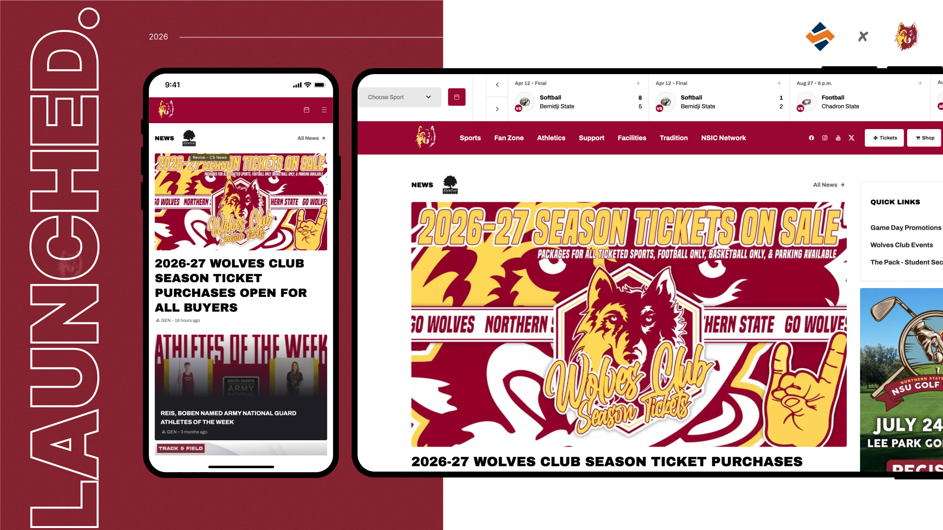 Graphic for the launch of the updated nsuwolves.com including the text launch, as well as screen shots of the website on mobile and desktop devices