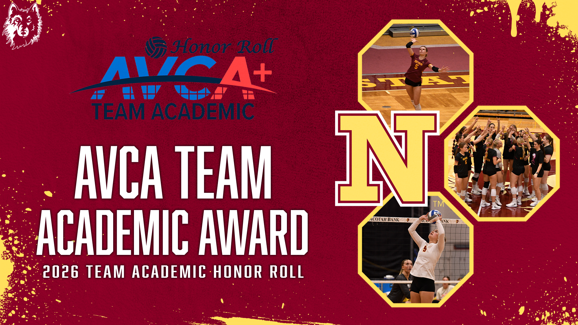 2026 AVCA VOLLEYBALL TEAM ACADEMIC AWARD graphic with three action shot pictures on the right and the AVCA honor roll description on the left