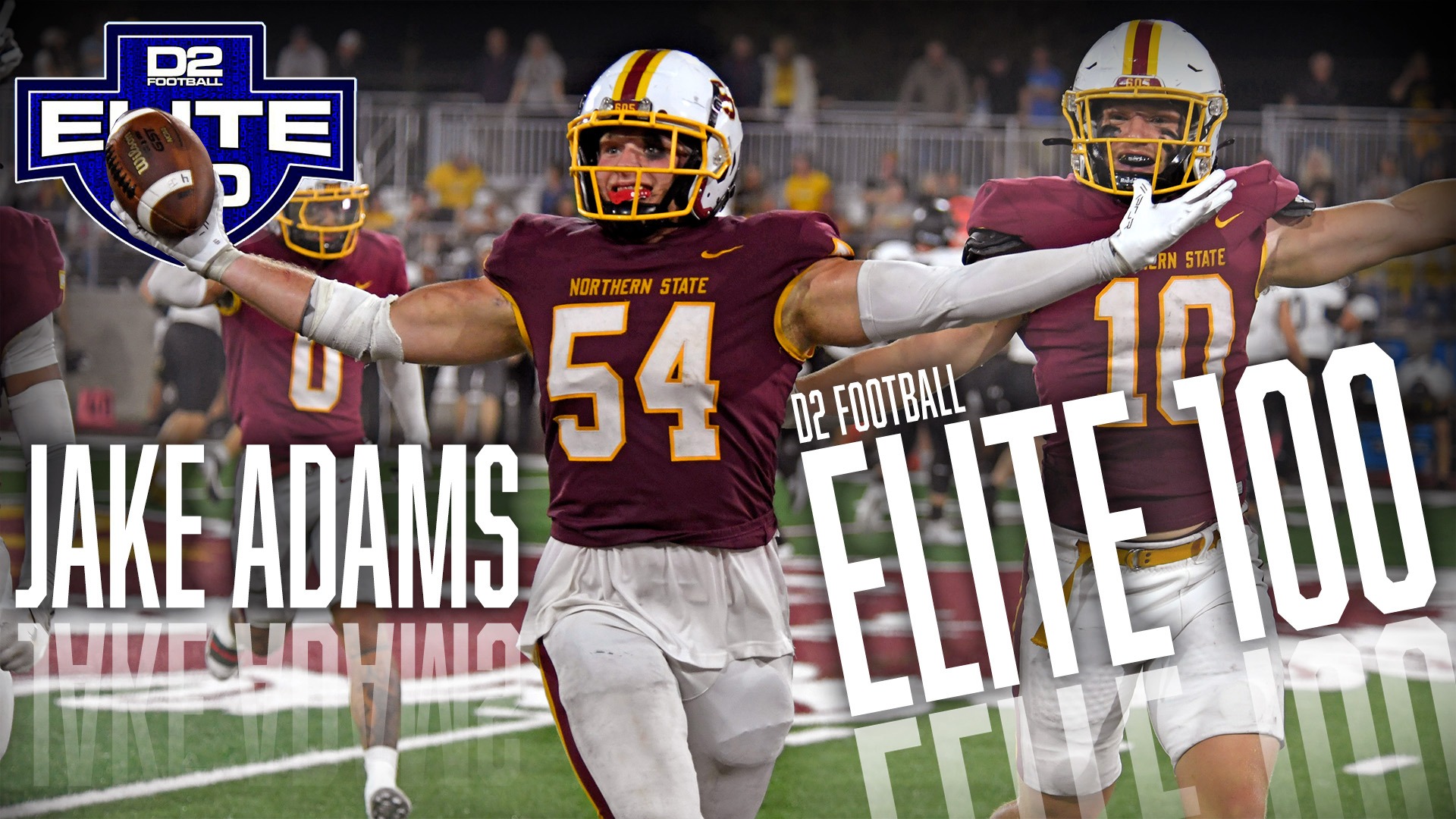 Photo of Jake Adams with his arms out, holding a football with the D2Football.com Elite 100 logo and the text Elite 100 and Jake Adams