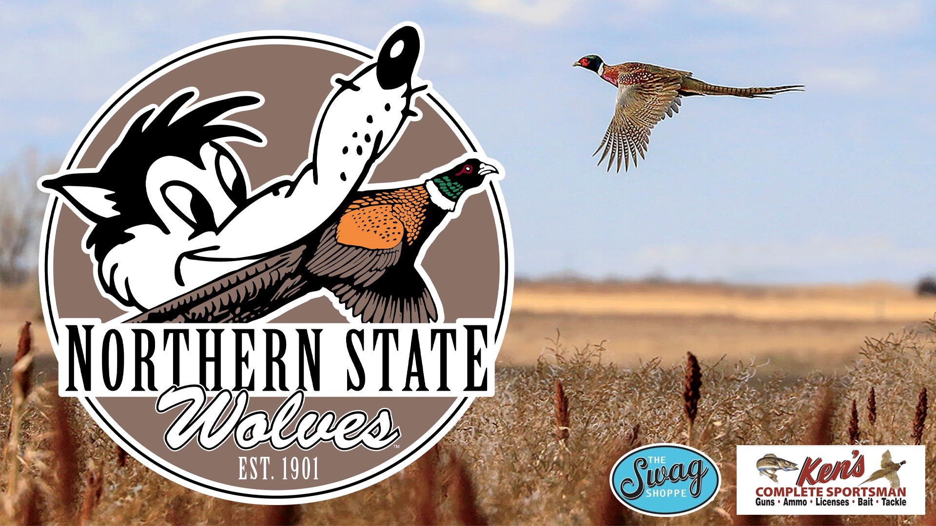 Full color Waldo & Ringneck Collection logo layered over top of an image of a pheasant flying through a field. Logos for Ken's Complete Sportsman and Swag Shoppe are included as well. 