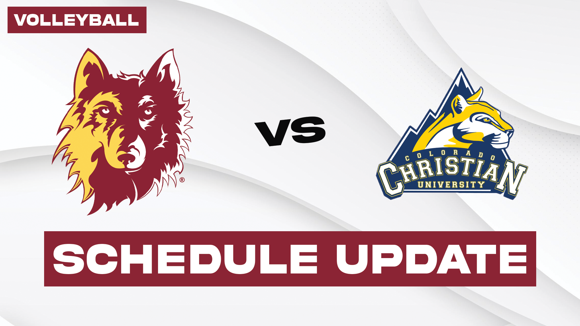 8.29 Volleyball Schedule Update, Wolf logo on the left, Colorado Christian logo on the right