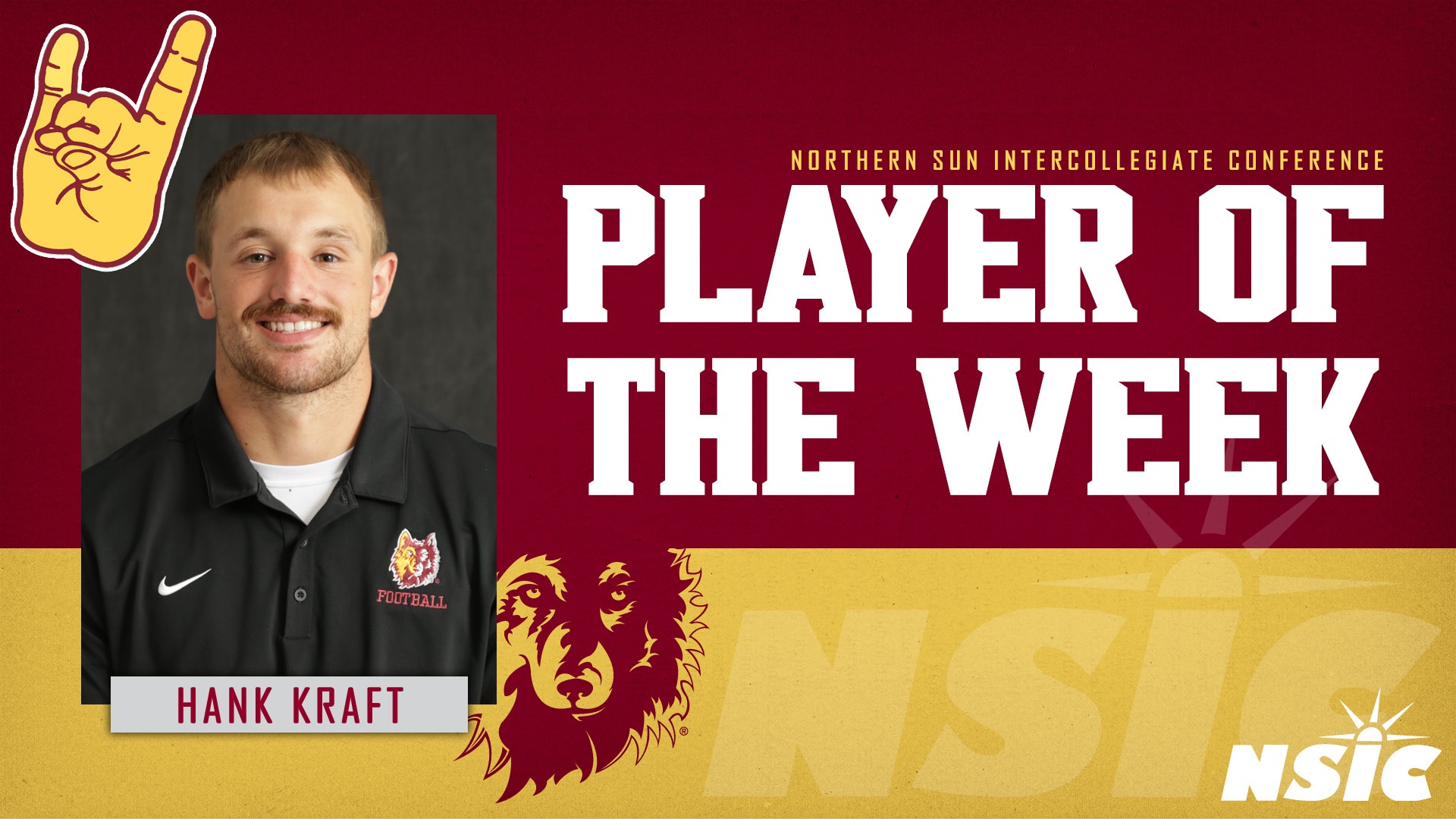 NSIC Player of the Week graphic featuring NSU football student-athlete Hank Kraft.