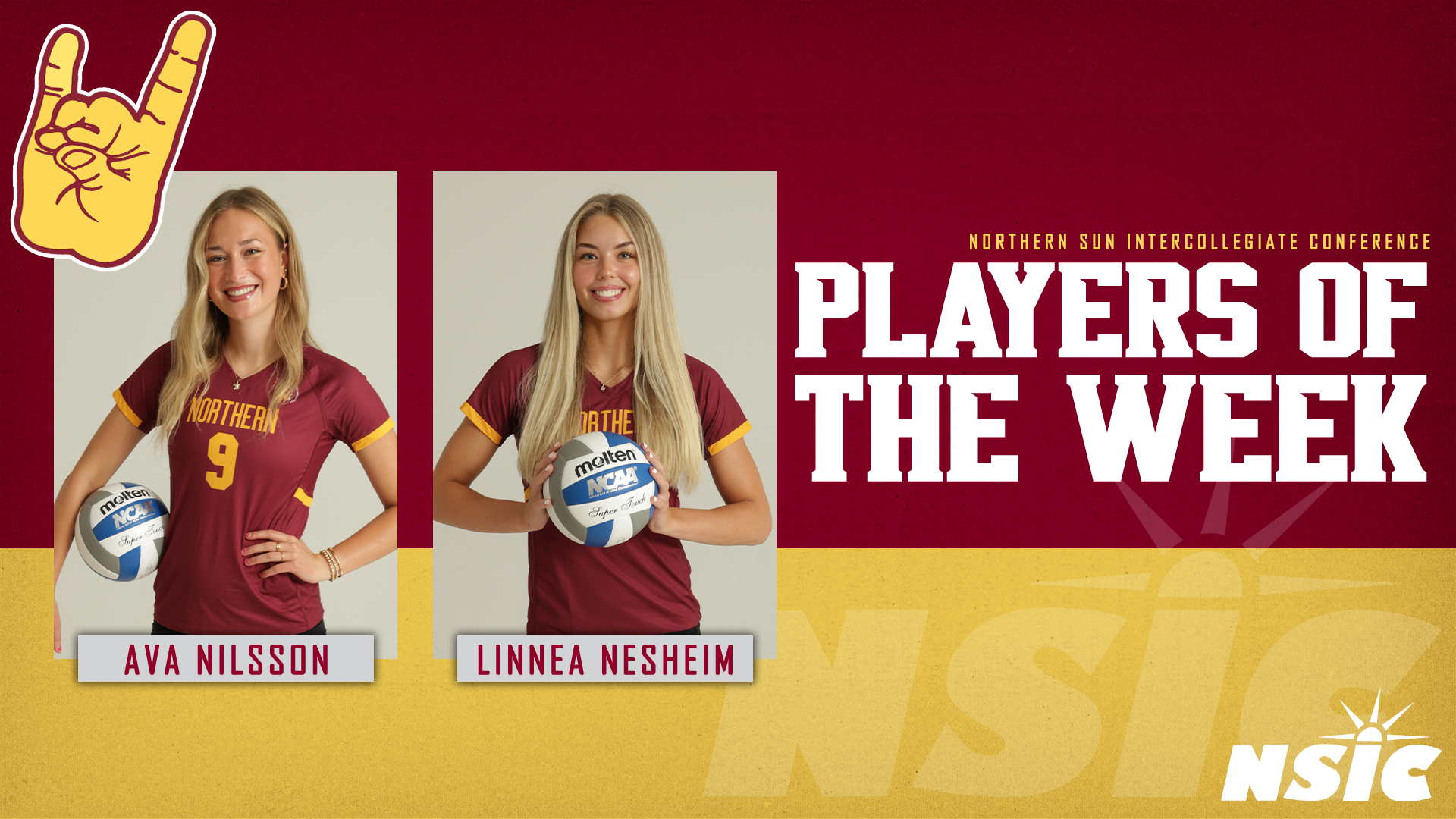 8.31 NSIC Player of the Week Volleyball Winners - Studio pictures of Ava Nilsson and Linnea Nesheim on a 