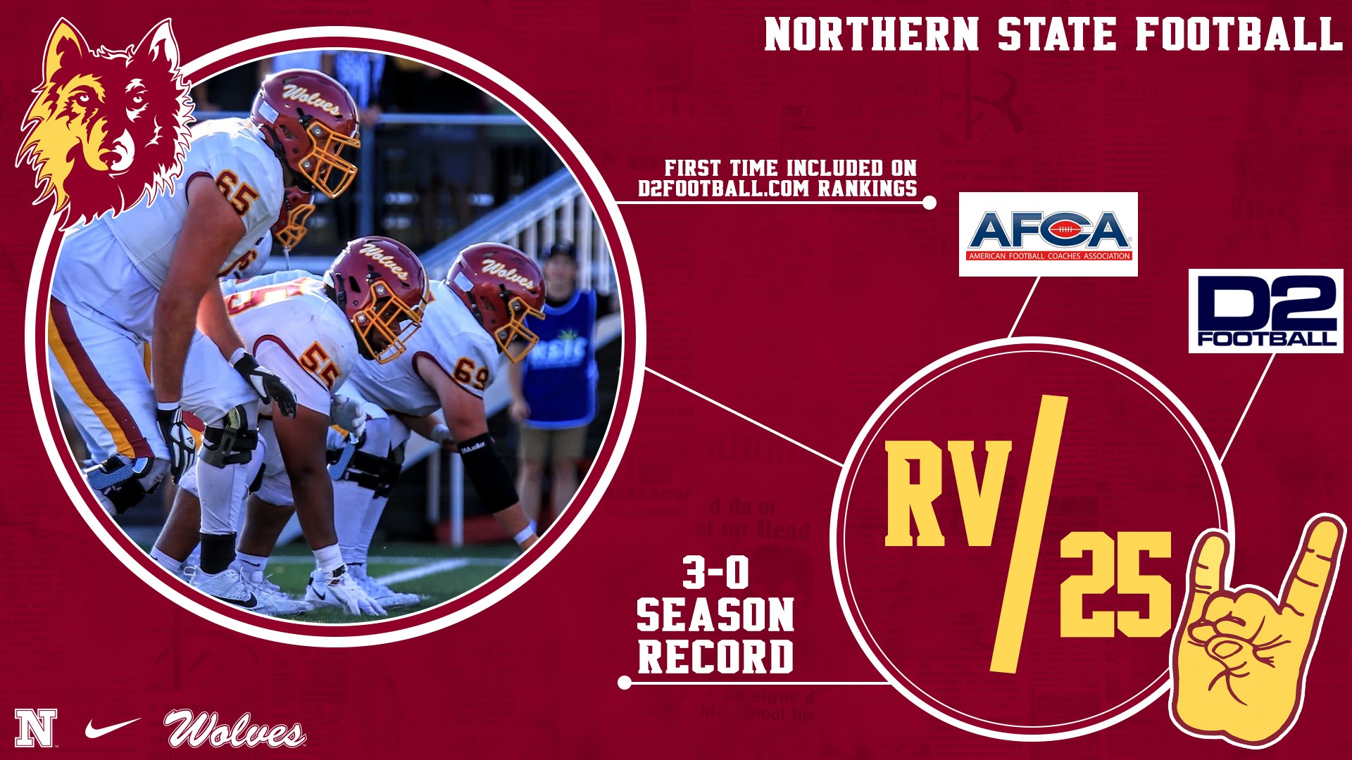 Graphic promoting Northern State Football's first appearance in the D2Football.com rankings. The image features Wolves football players lined up at the line of scrimmage, a 3-0 season record, AFCA and D2Football.com logos, and a ranking of RV/25. Northern State Football branding and wolf logos appear throughout the maroon and gold design.