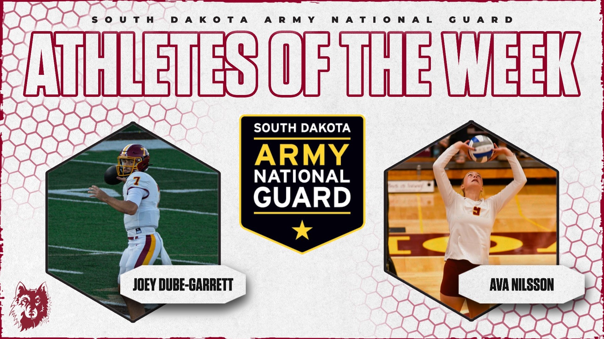 South Dakota Army National Guard Athletes of the Week graphic featuring Northern State football player Joey Dube-Garrett and volleyball player Ava Nilsson.