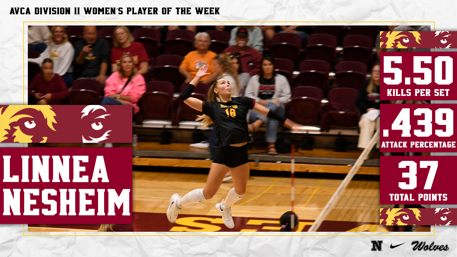 Live shot of Linnea Nesheim with statistics that earned her National Player of the Week honors