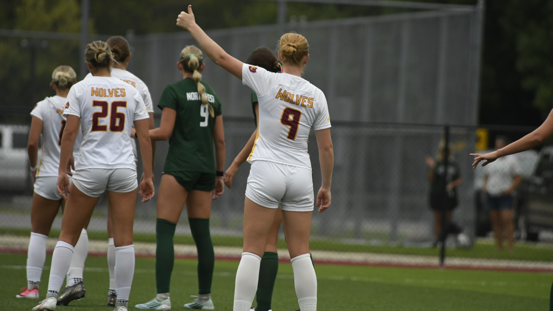 Lydia Nordquist, Kennedi Gack, Lauren Youngquist and Kailyn Poppen line up for a corner kick in NSU's win over Northwest Missouri State.