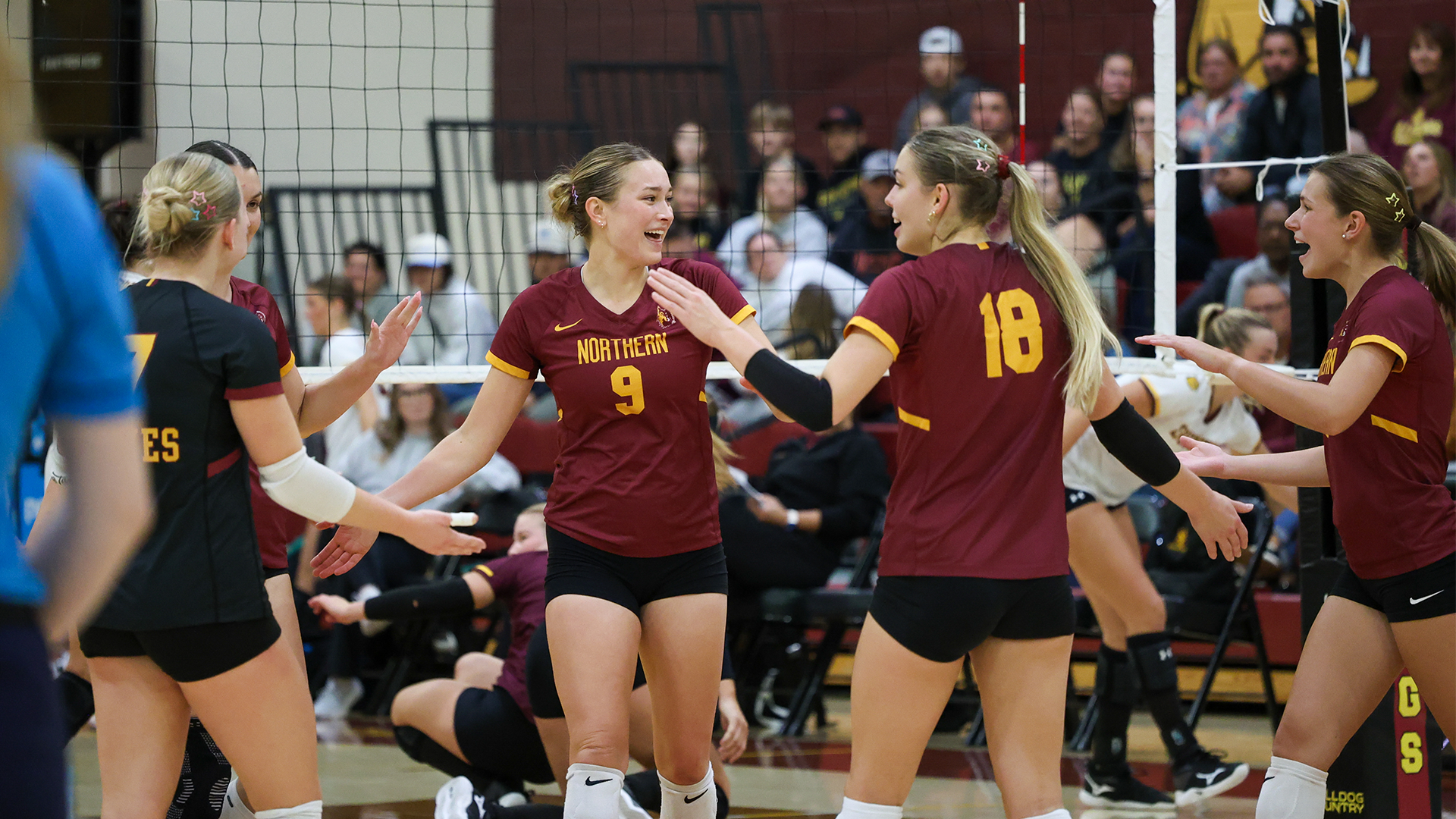 9.18 Volleyball Recap - Ava Nilsson, Linnea Nesheim, and company smile and gather after a point