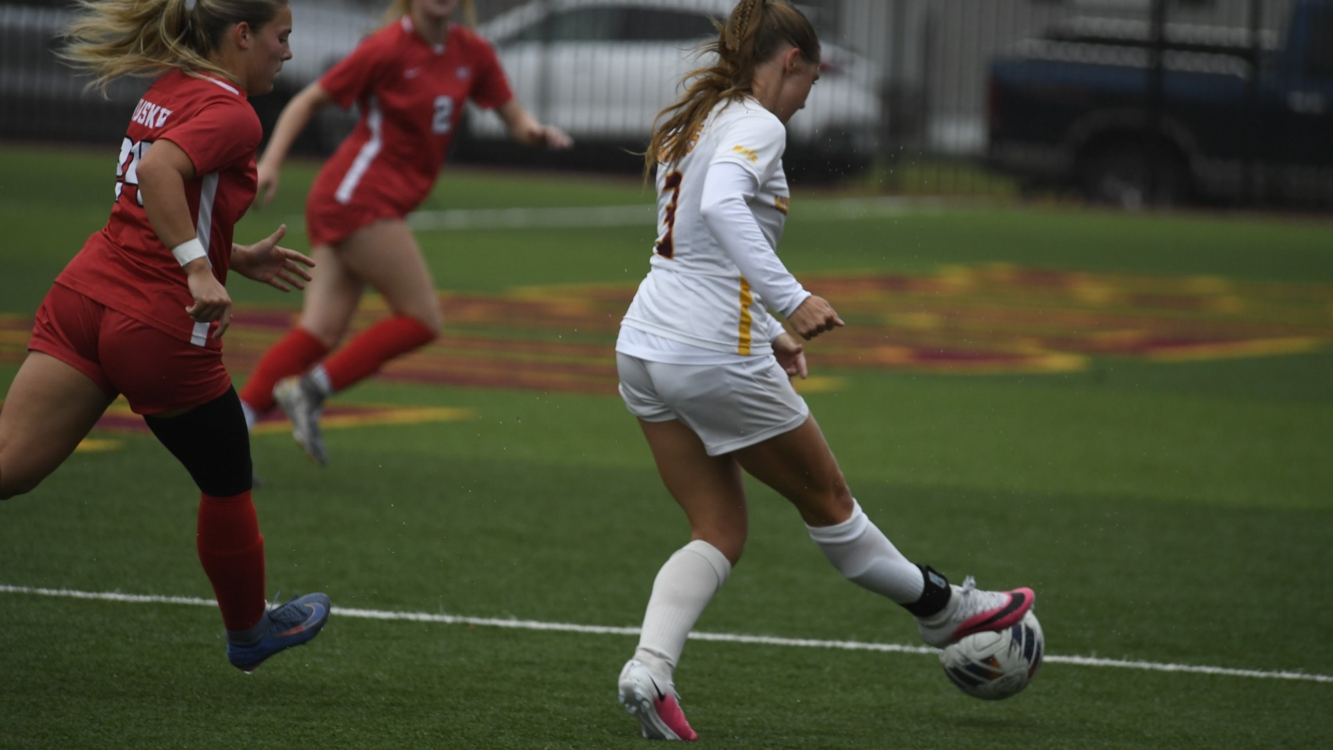 Chloe Voss dribbles the ball up field in NSU's 2-0 win over SCSU.