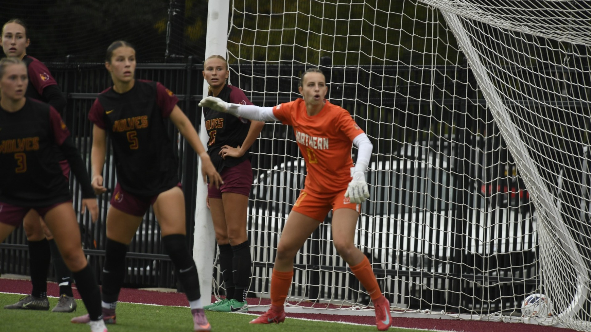 From left to right: Lauren Youngquist, Chloe Voss, Greta Brooks, Lauren Carpenter and Audrey Burns sit near NSU's goal before a corner kick in their tie to MSU.