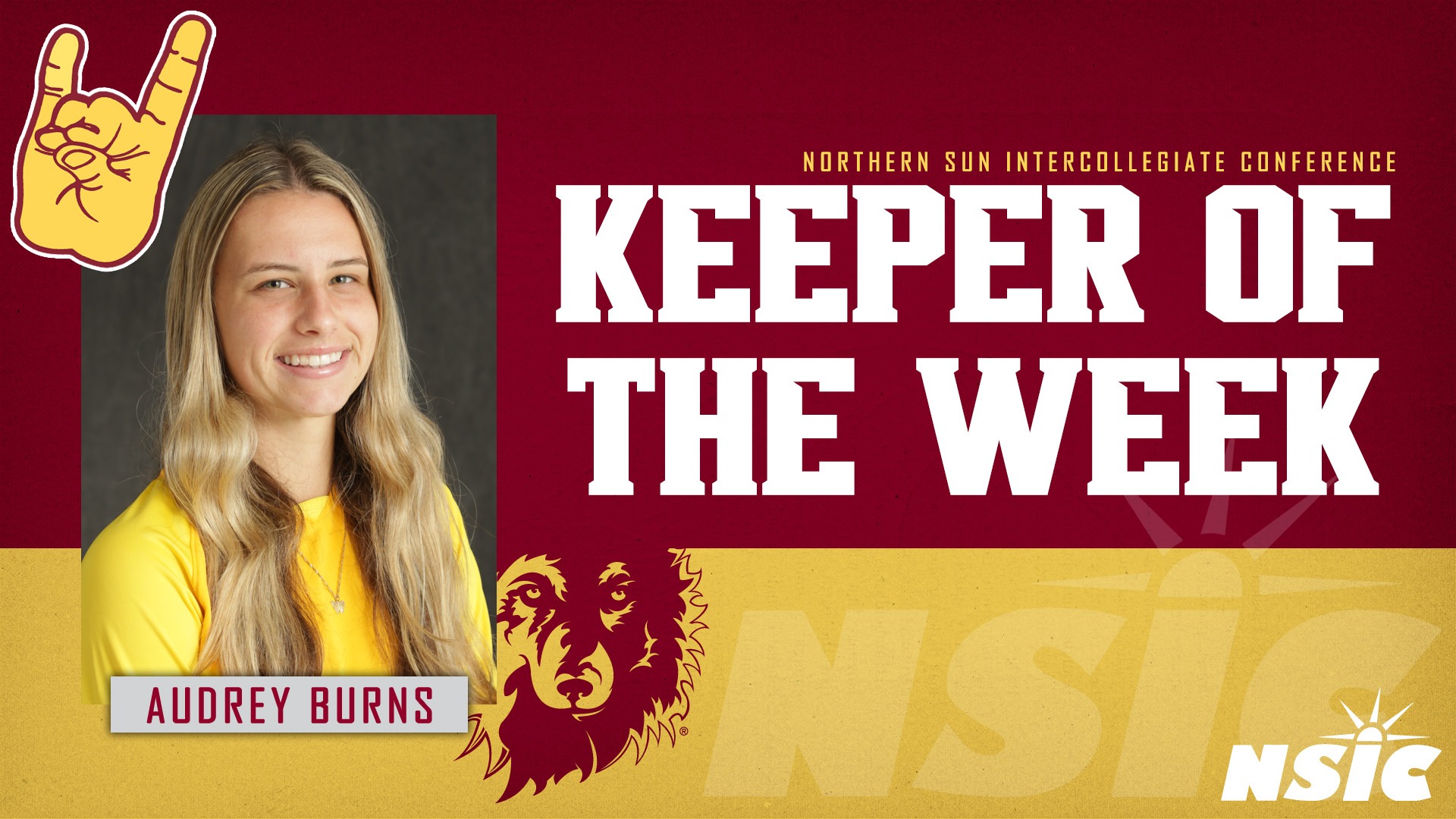 Graphic announcing Northern State volleyball player Audrey Burns as NSIC Keeper of the Week. The design features Burns' portrait, NSIC branding, the Wolves logo, and large text reading “Keeper of the Week.”